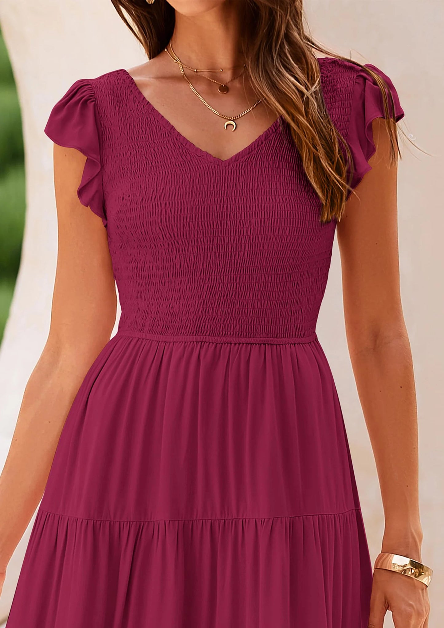Women's Flowy Maxi Dress Casual Cap Sleeve V Neck Smocked Beach Sundress