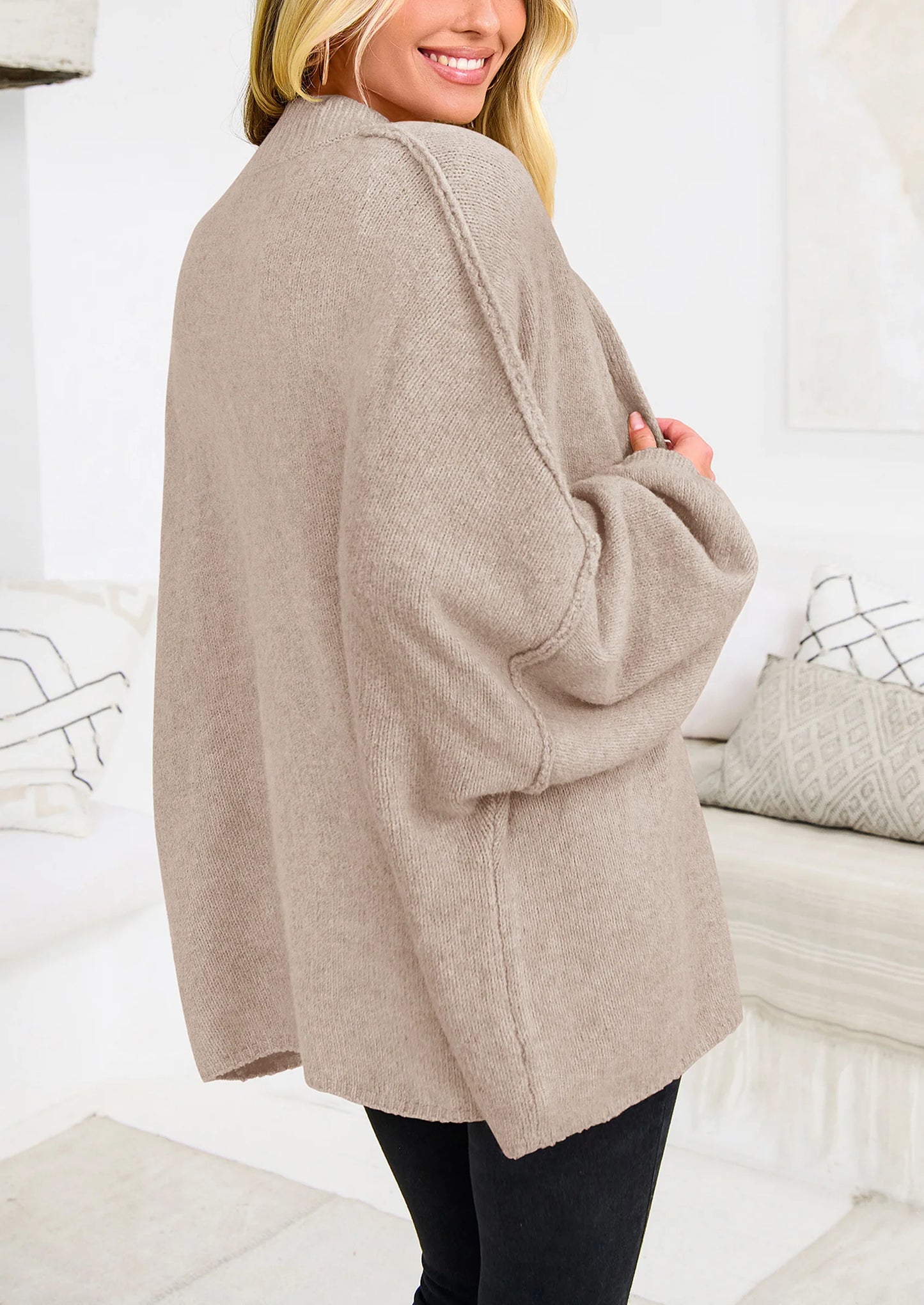 Women's Winter Button Down Cardigan Sweaters Mock Neck Lantern Long Sleeve Chunky Knit Jacket Trendy Outerwear