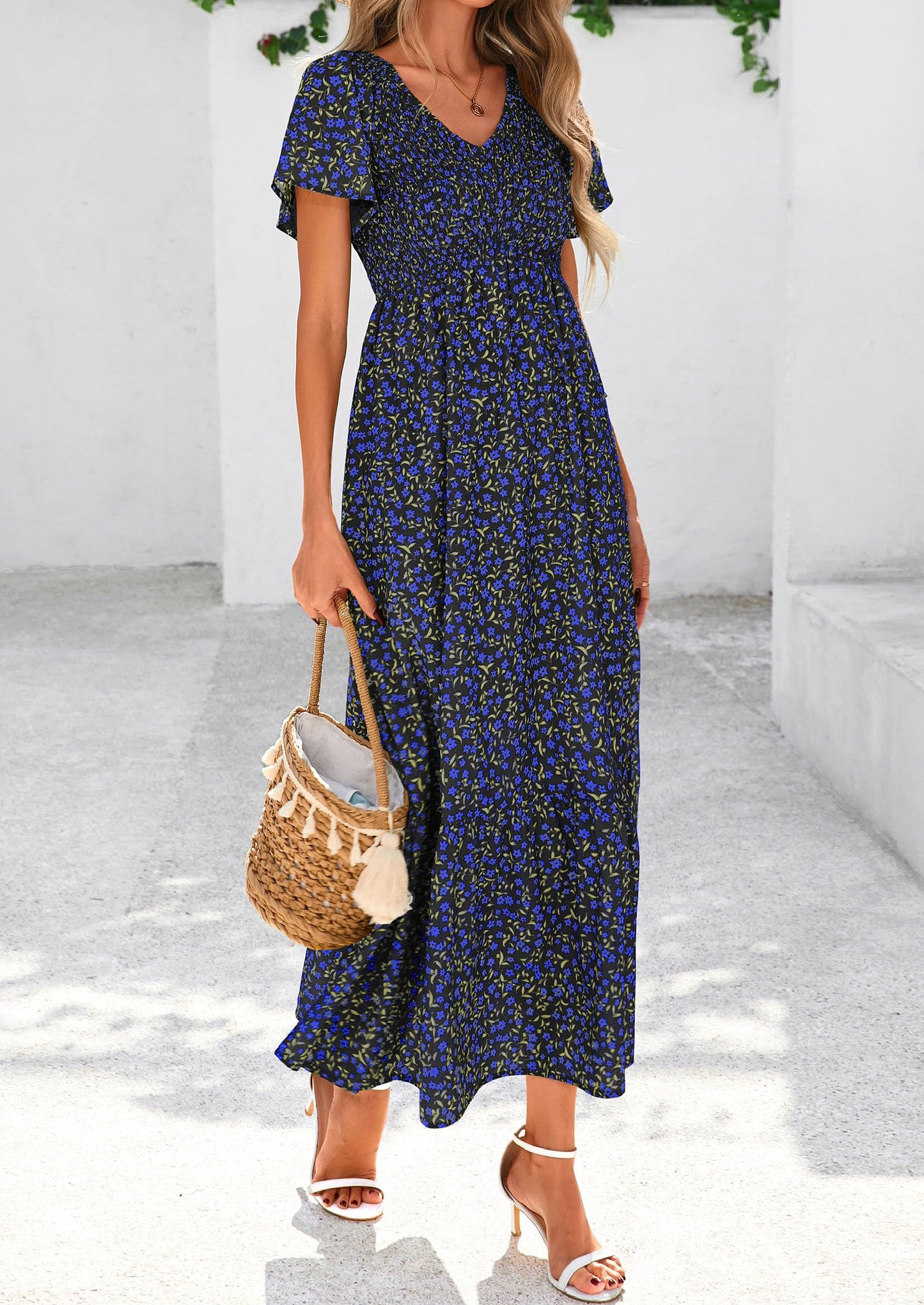 Women Floral Boho Maxi Dresses Short Sleeve V Neck Smocked A Line Long Flowy Beach Vacation Dress