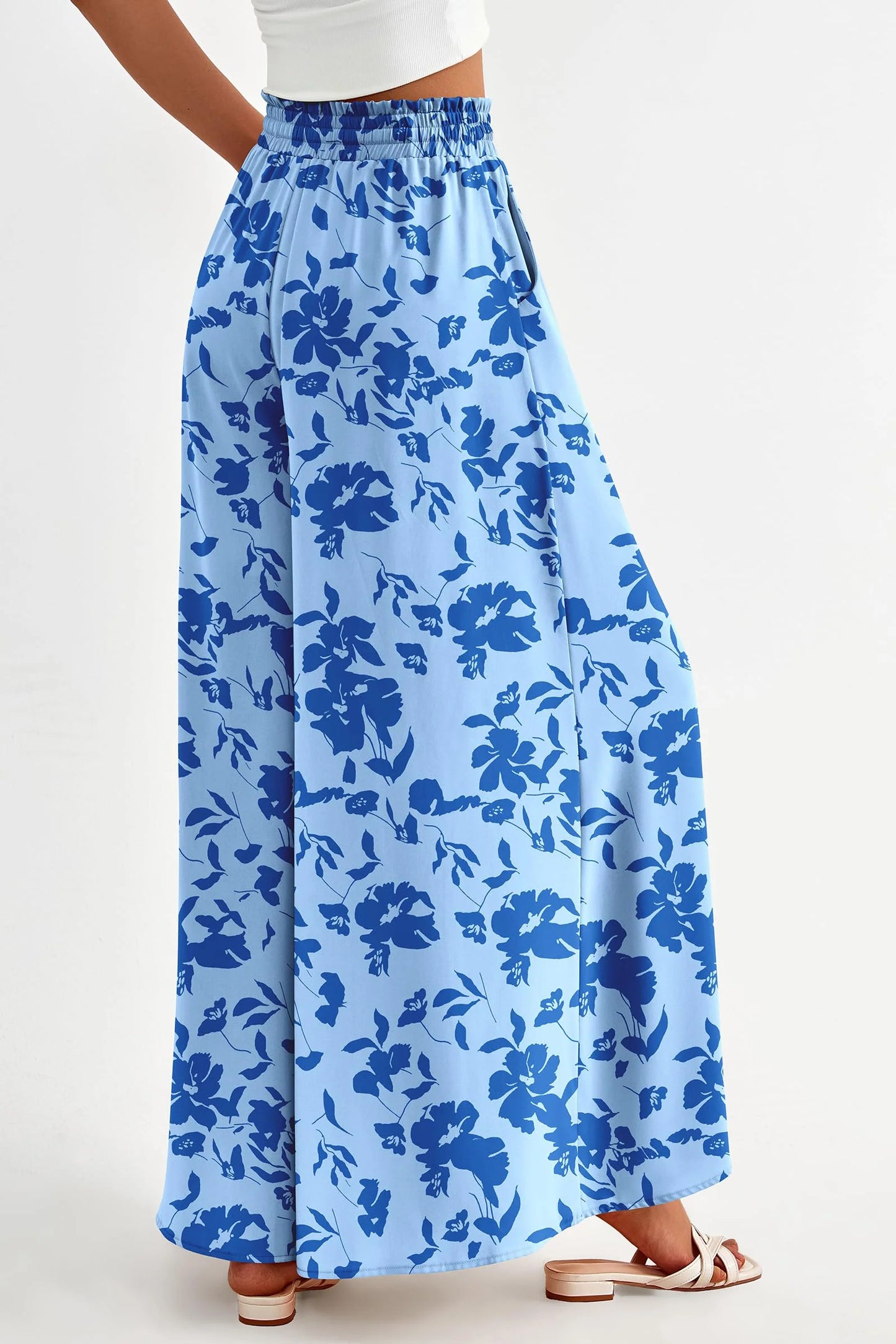 Women's Summer Wide Leg Palazzo Pants High Waisted Flowy Pockets Trendy Casual Lounge Boho Beach Trousers