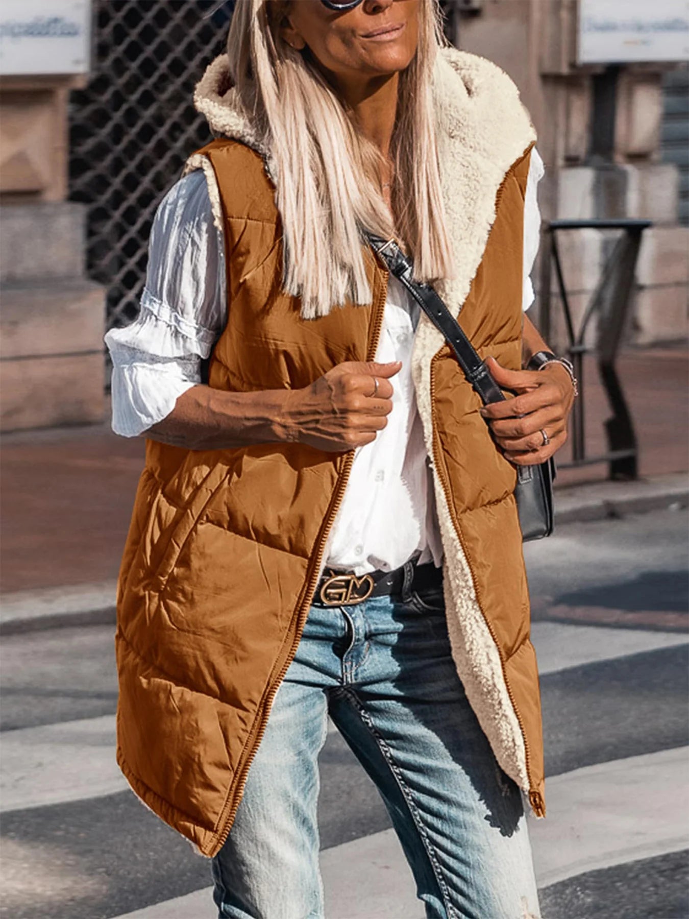Womens Fall Reversible Vests Sleeveless Fleece Jacket Zip Up Hoodie Pockets Long Warm Winter Coat Outerwear