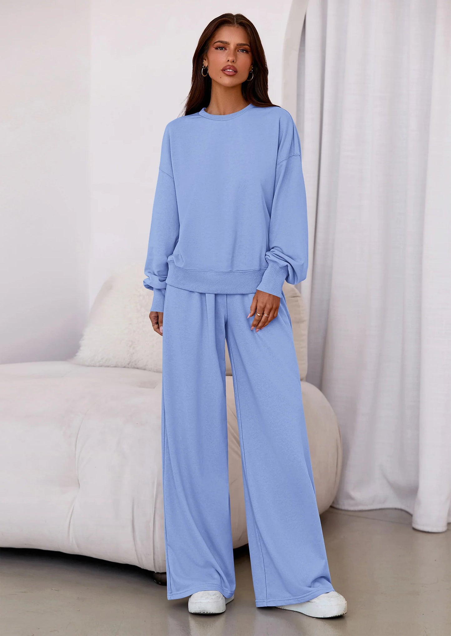 Womens 2 Piece Sets Long Sleeve Sweatshirt Wide Leg Pants Loose Matching Lounge Set Trendy Fall Outfits