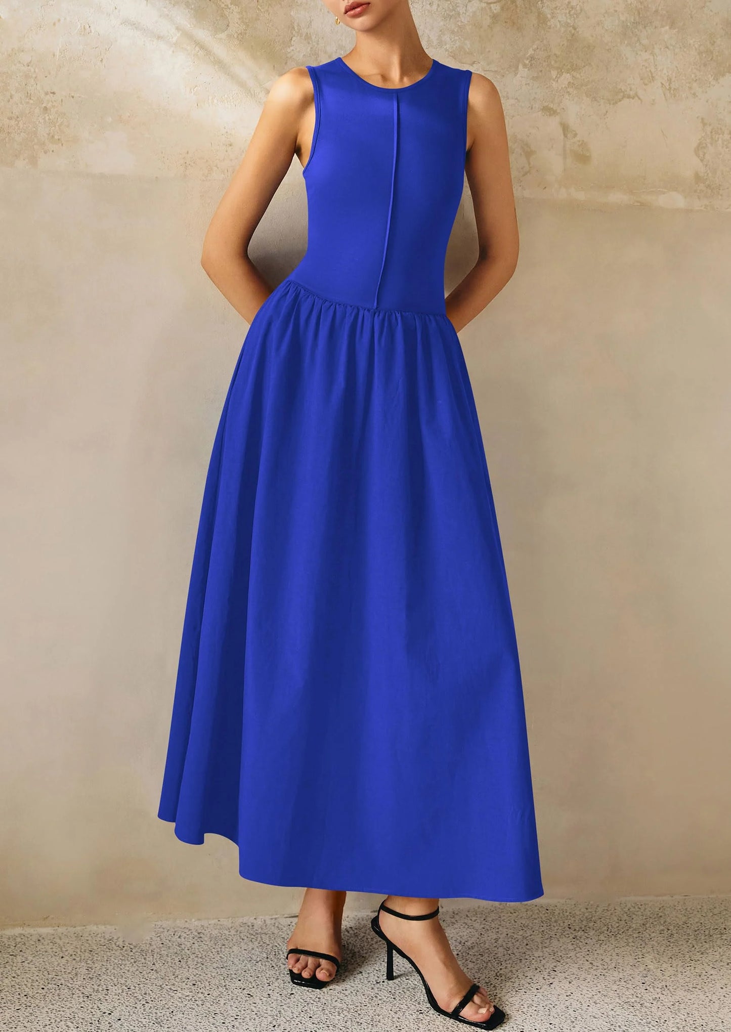 Women Maxi Dresses Casual Sleeveless Patchwork Knit Tank Dress Flowy Beach Sundress Long Dress