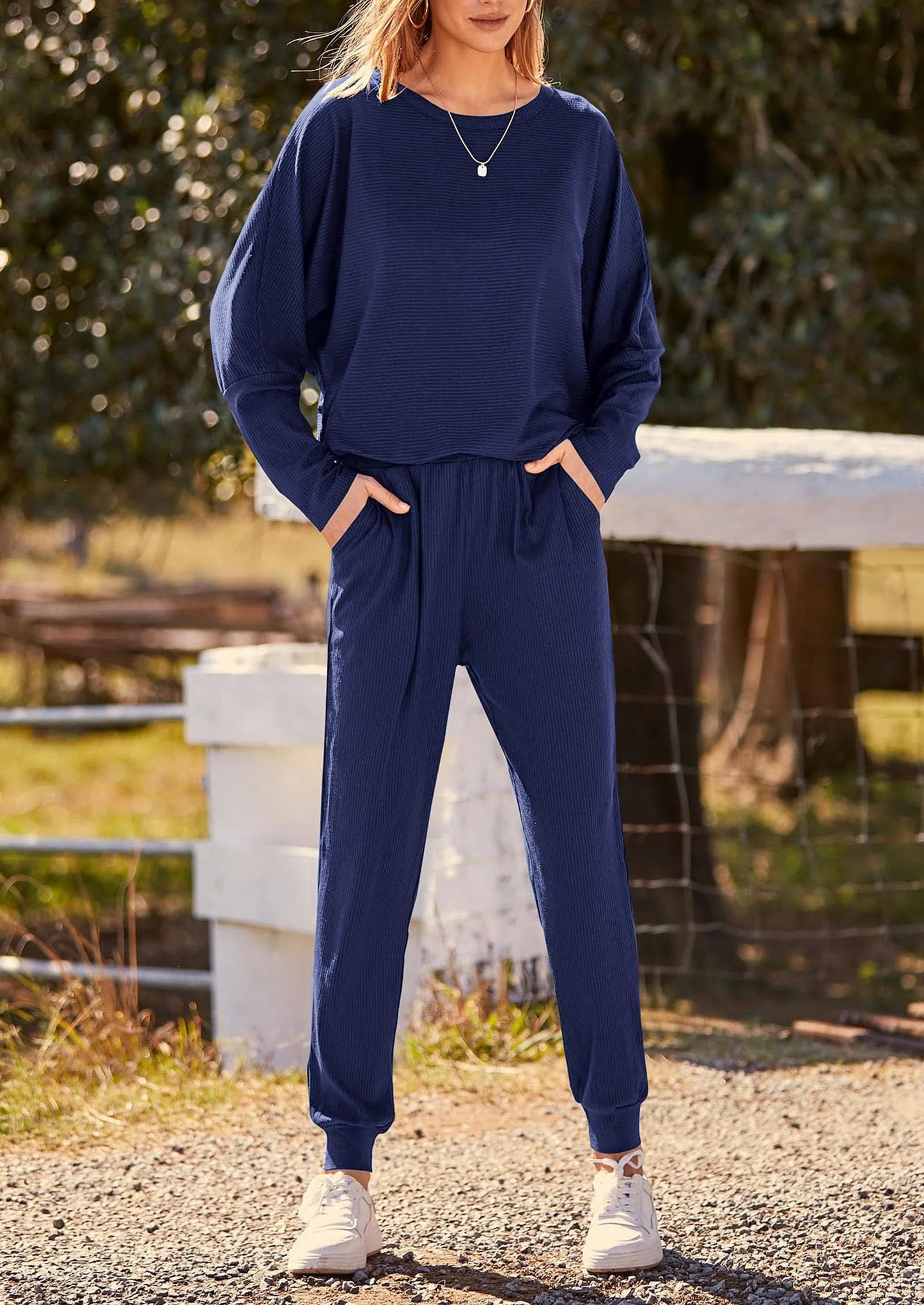 Women's Fall 2 Piece Lounge Set Long Sleeve Tops Ribbed Pants Spring Matching Sweatsuit Travel Outfits Clothes