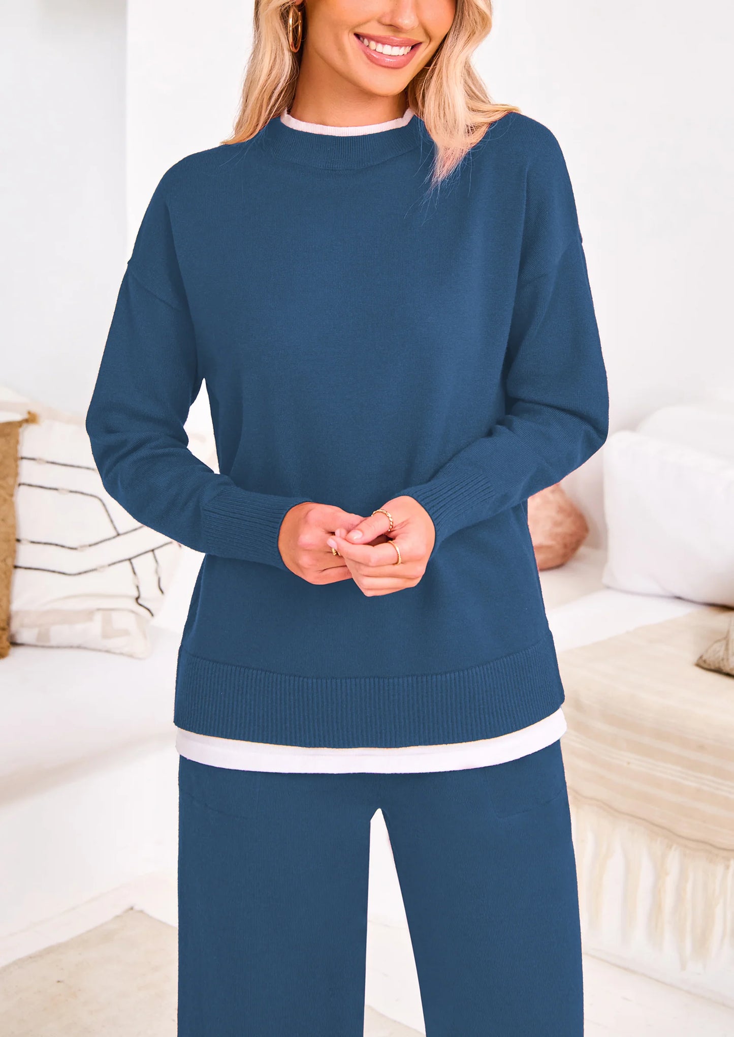 Two Piece Matching Sweater Lounge Sets Knit Long Sleeve Pullover Tops Wide Leg Pants