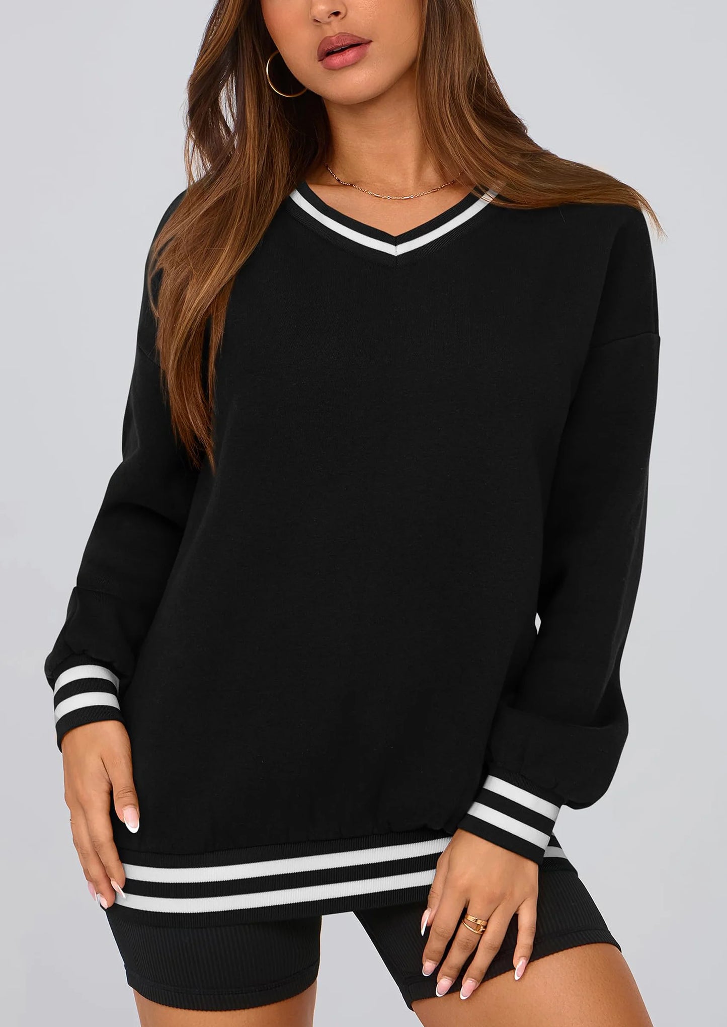 Women's Oversized Sweatshirts Casual Long Sleeve Stripes Knit V Neck Pullover Top Fall Teens Preppy Clothes