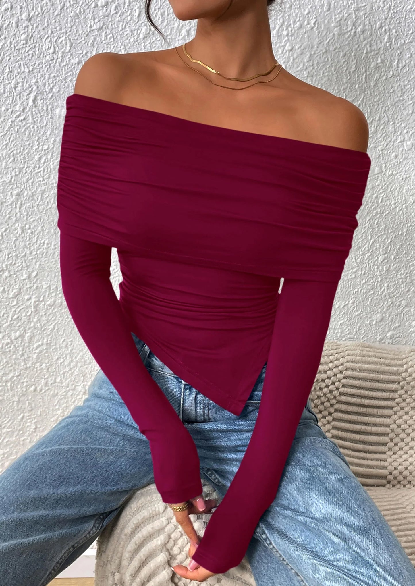 Women's Long Sleeve Shirts Off Shoulder Tops Going Out Slim Fitted Y2K Blouses Fall Fashion Clothes