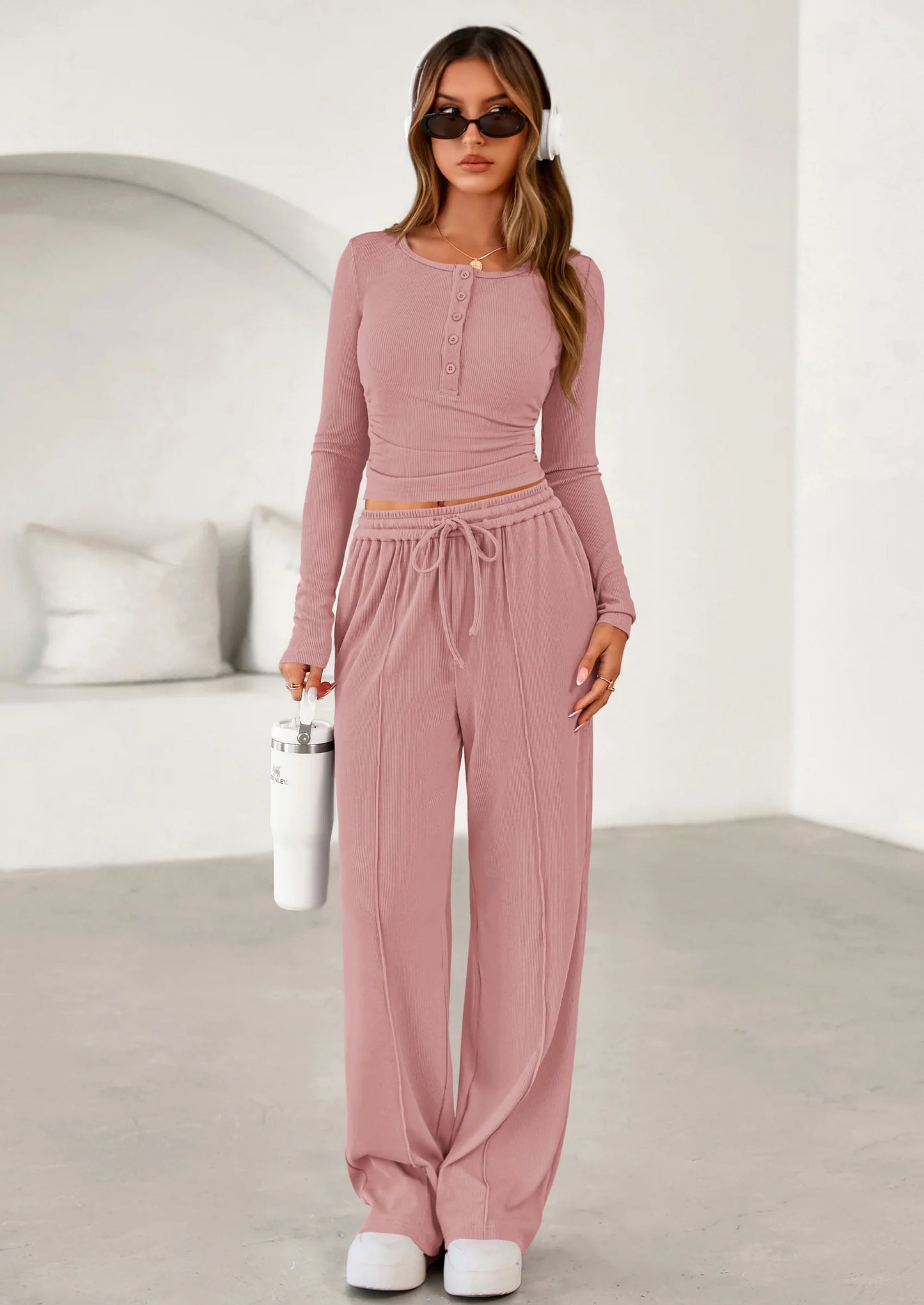 Women's Fall Trendy 2 Piece Outfits Lounge Sets Long Sleeve Top Henley Shirts Wide Leg Pants Travel Clothes