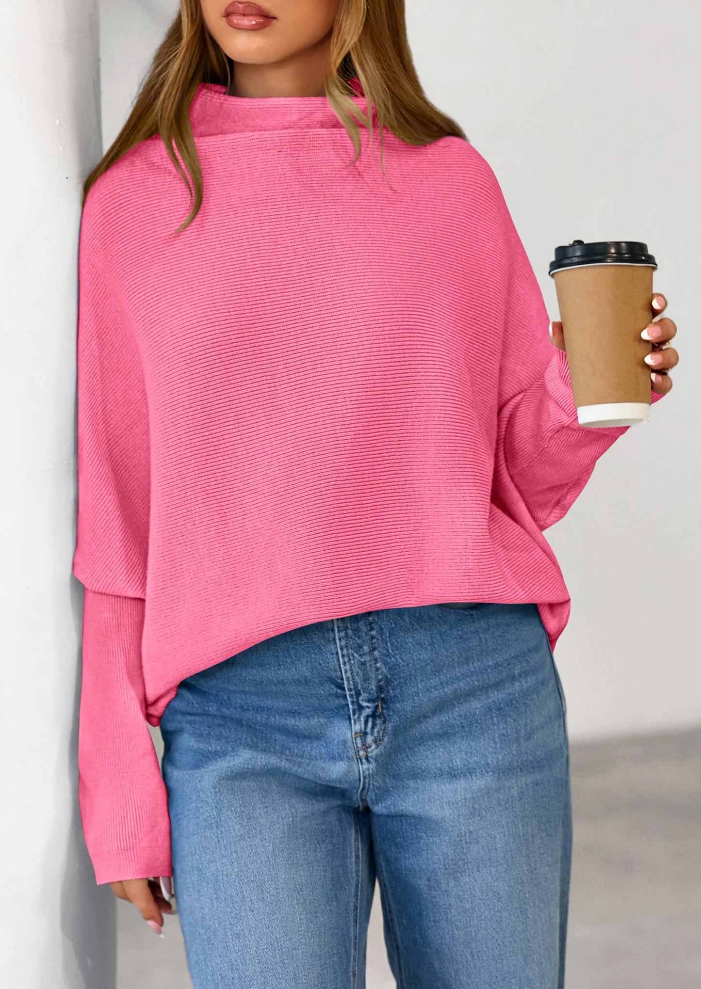 Womens Sweaters Fall Fashion Casual Loose Turtleneck Batwing Long Sleeve Knit Sweater Pullover Tops