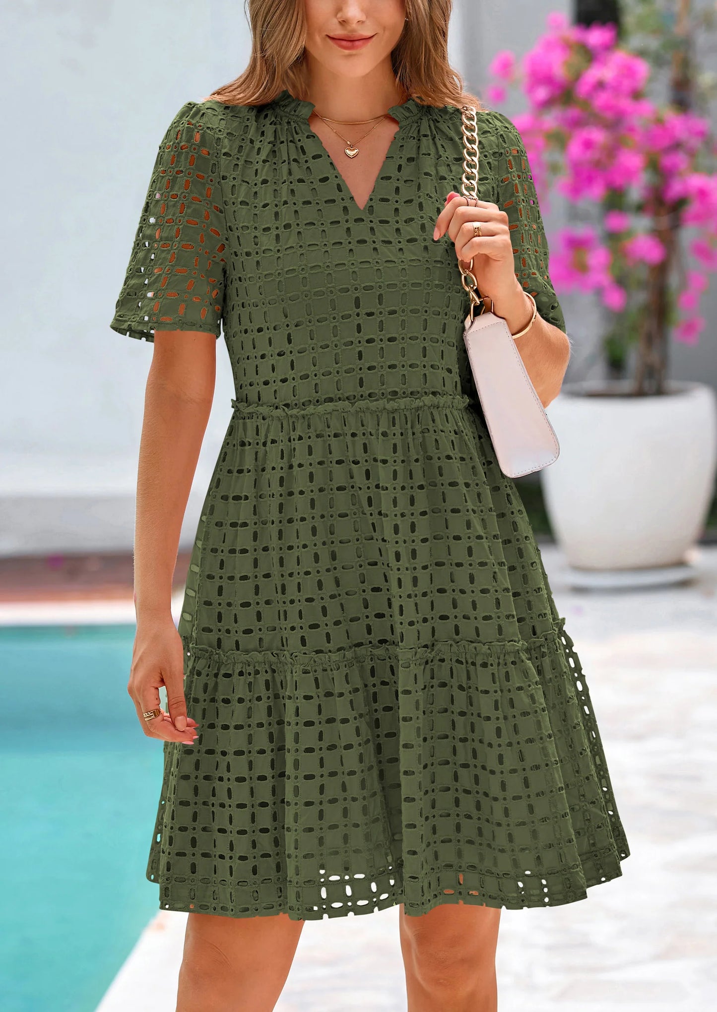 Women's Short Sleeve Mini Dress Summer V Neck Hollow Out Eyelet Ruffle A Line Swing Short Dresses
