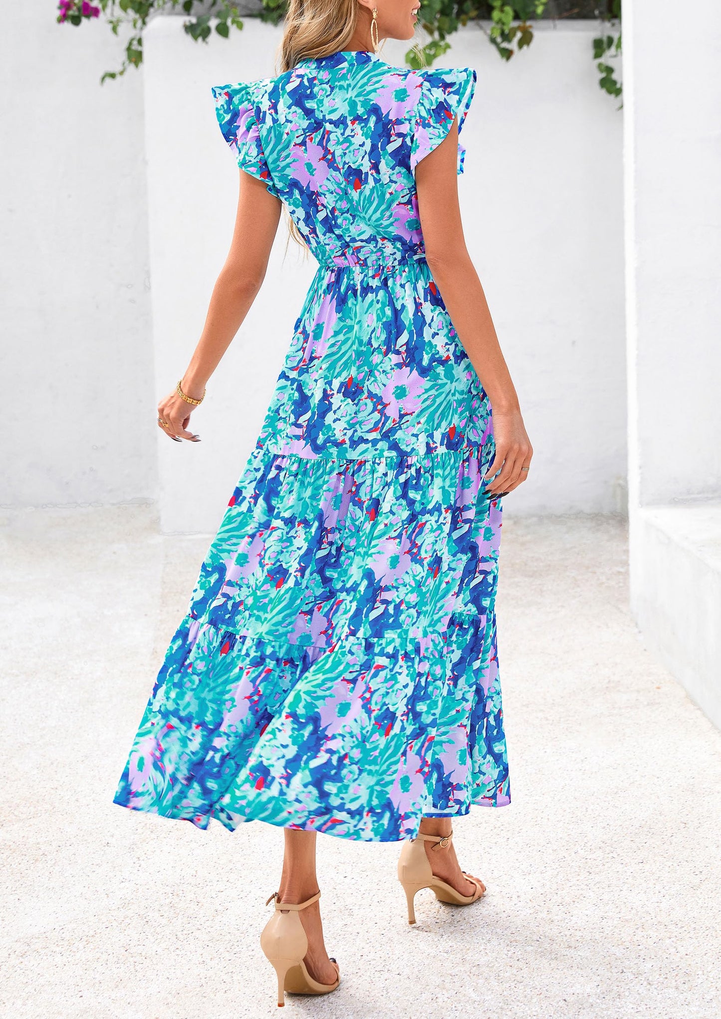 Women's Summer Floral Midi Dress Cap Sleeve V Neck Ruffle Long Flowy Boho Casual Beach Vacation Dresses