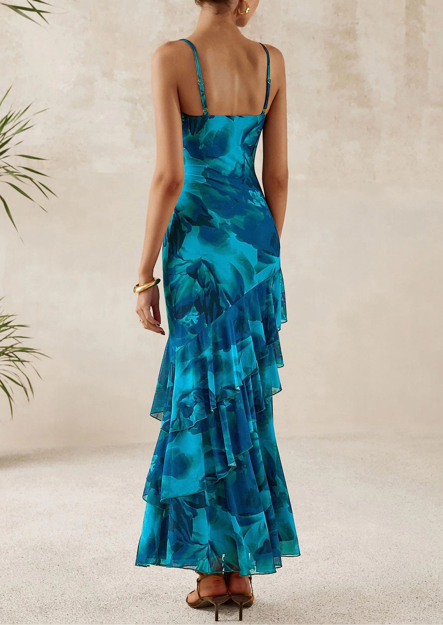 Maxi Dresses for Women Floral Beach Sundress Spaghetti Strap Tiered Wedding Guest Long Dress