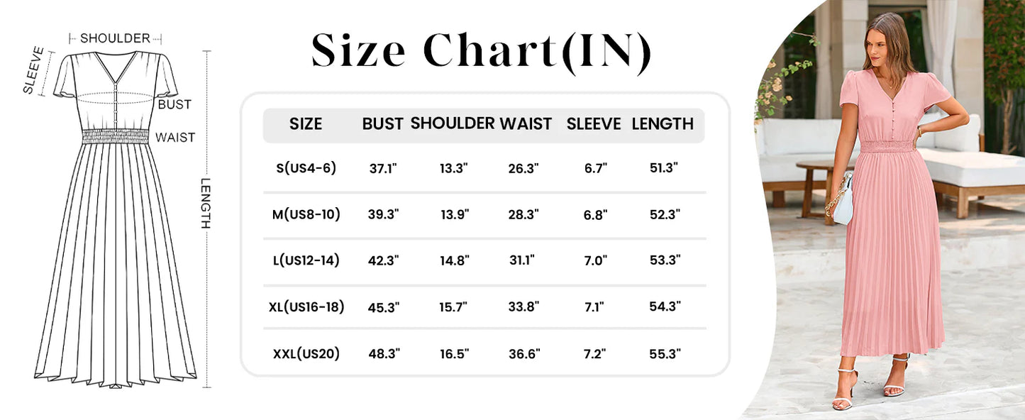 Women's Maxi Dresses Summer Trendy Cap Short Sleeve Button V Neck Casual Flowy Pleated Long Dress