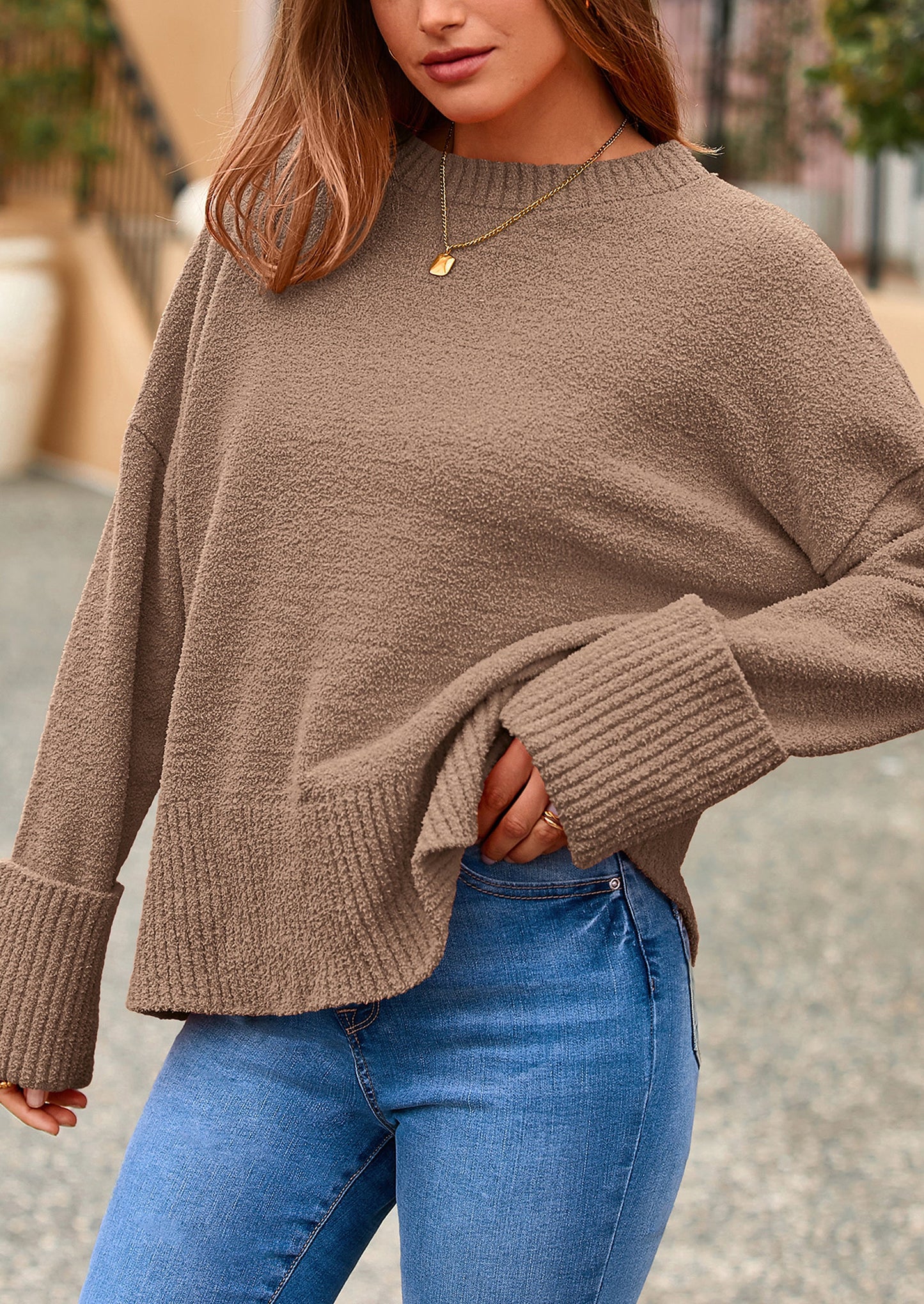 Women's Fall Oversized Sweaters Casual Crewneck Pullover Long Sleeve Fuzzy Chunky Knit Tops Blouse