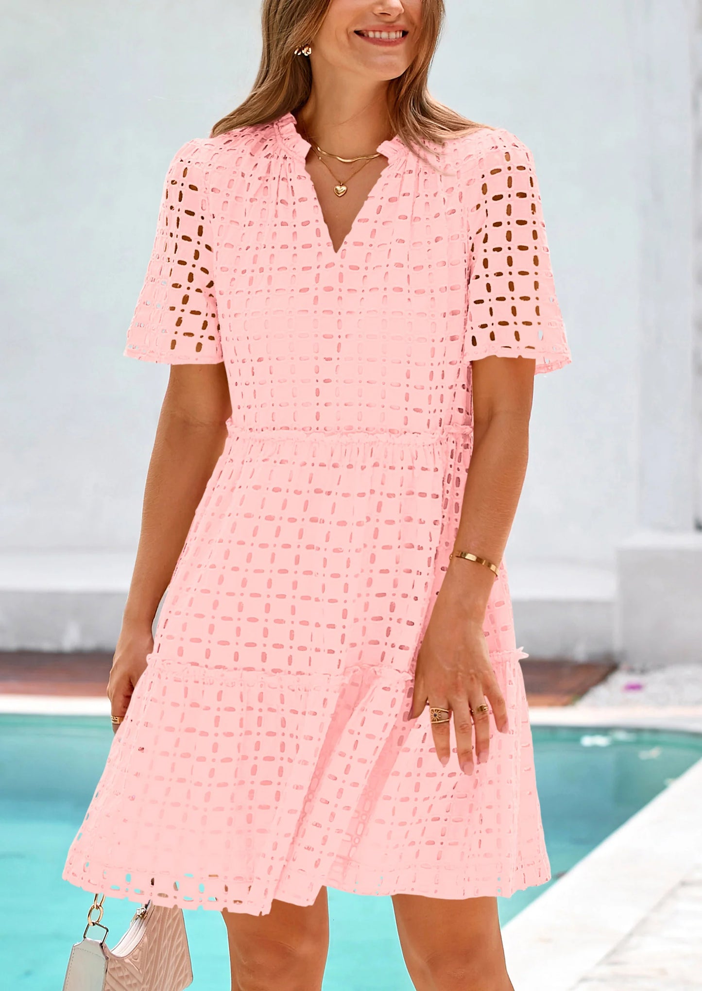 Women's Short Sleeve Mini Dress Summer V Neck Hollow Out Eyelet Ruffle A Line Swing Short Dresses