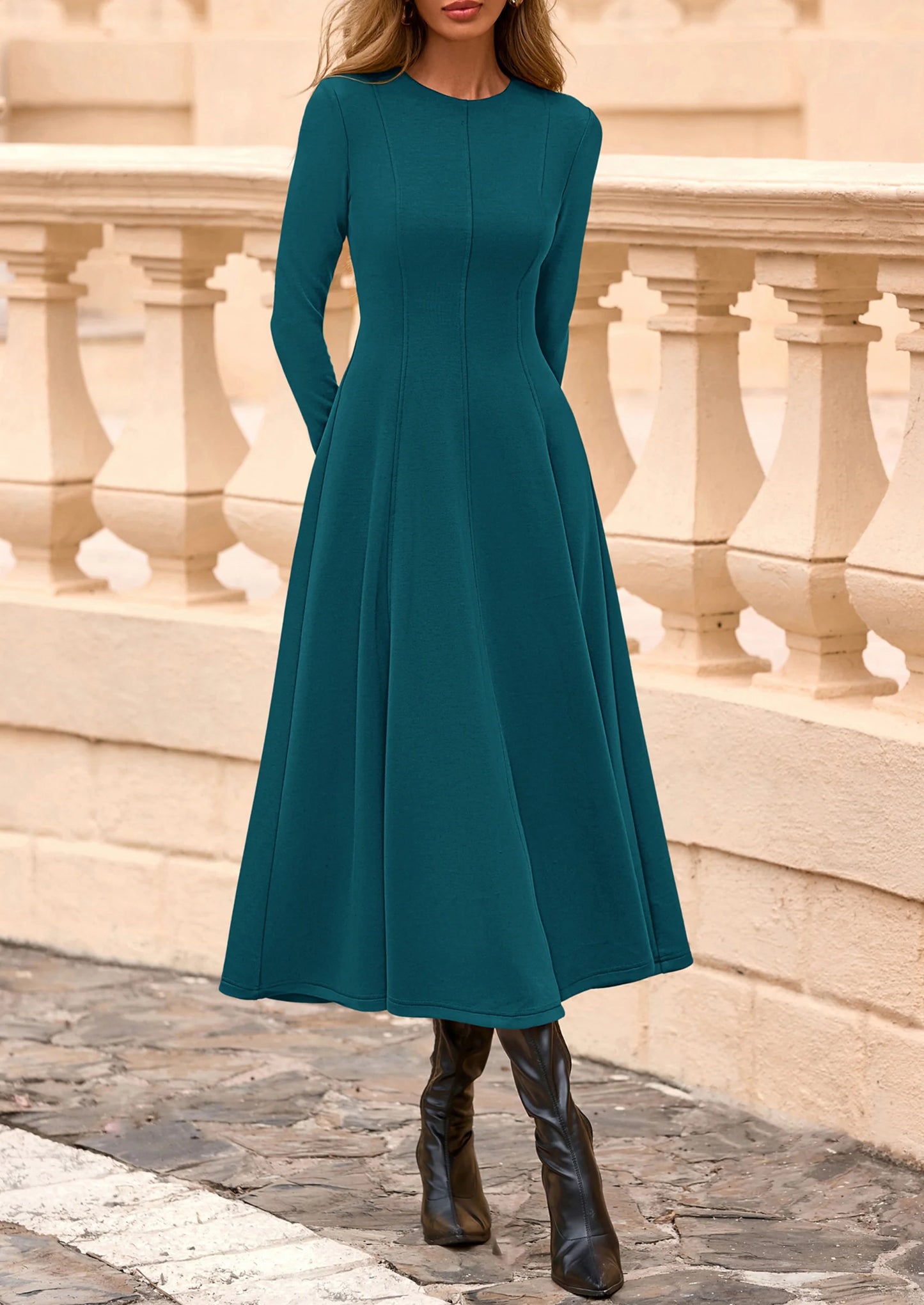 Women's Fall Long Sleeve Midi Dress Casual Elegant Ruffle Flowy A Line Swing Cocktail Party Dresses
