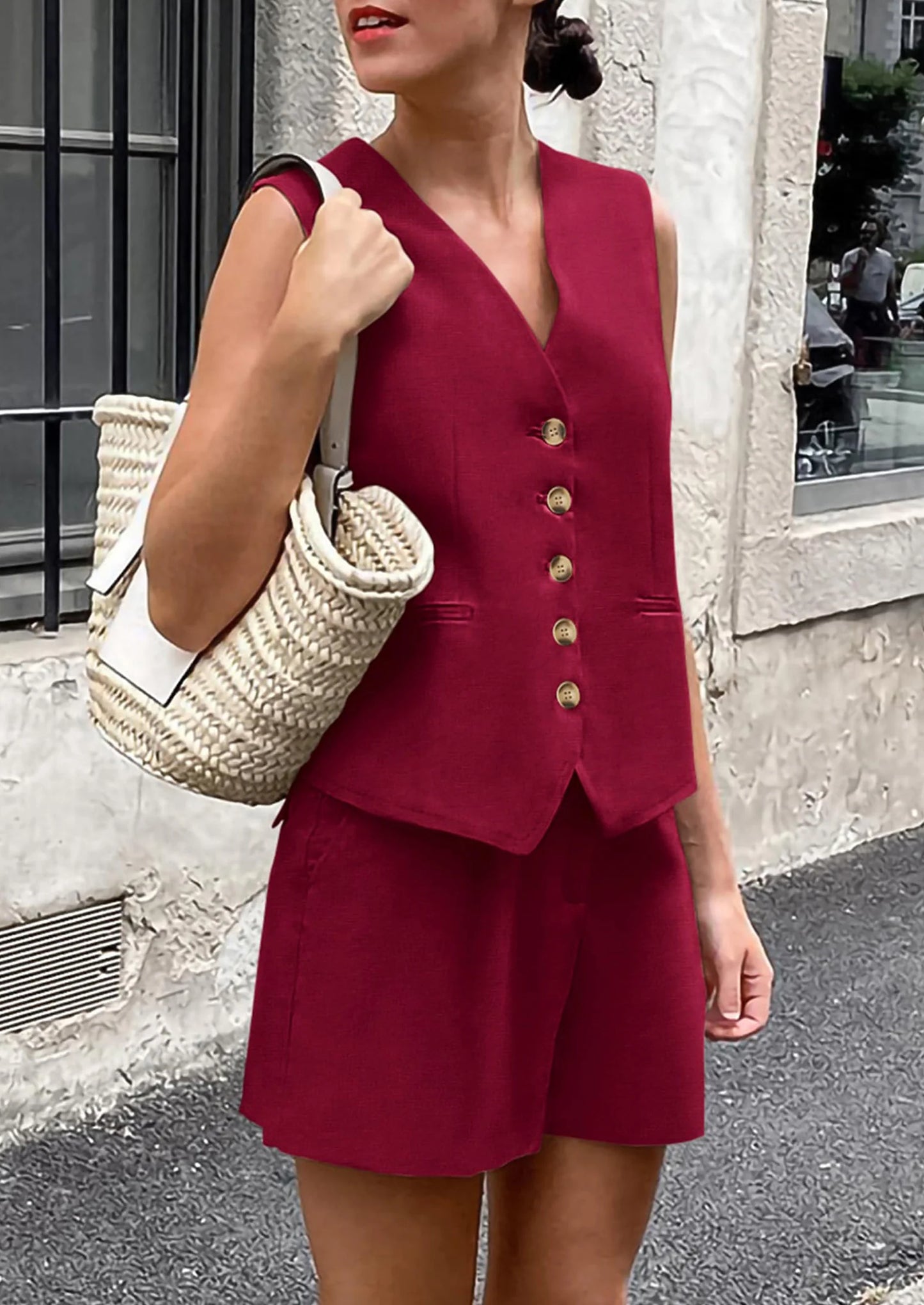 Women's Summer 2 Piece Outfits Sleeveless Matching Sets Button Down V Neck Vest Waistcoat and Pockets Shorts