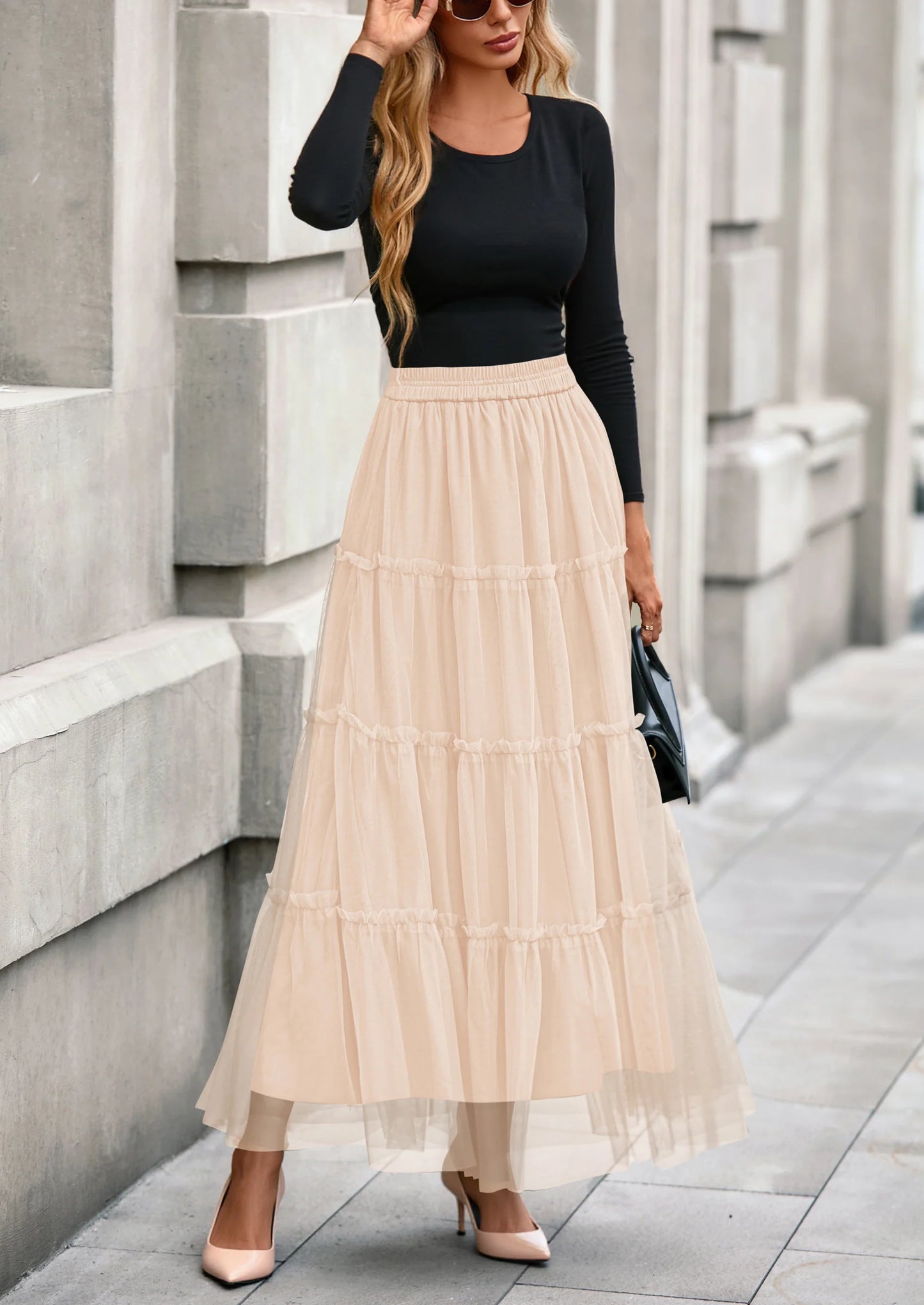 Maxi Skirts for Women Fall Tulle High Waisted Ruffle Flowy A-Line Long Skirt Country Concert Outfits
