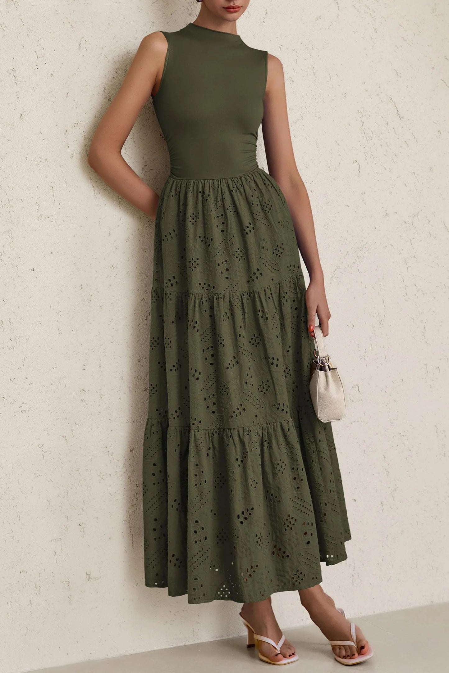 Dresses for Women Casual Eyelet Sleeveless Wedding Guest Maxi Dress Tank Top Sundress with Pockets