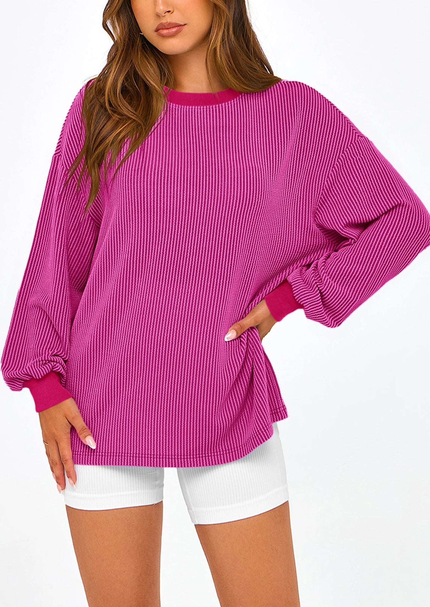 Women's Long Sleeve Tee Shirts Spring Fall Trendy Clothes Casual Loose Crewneck Ribbed Blouse Tunic Tops