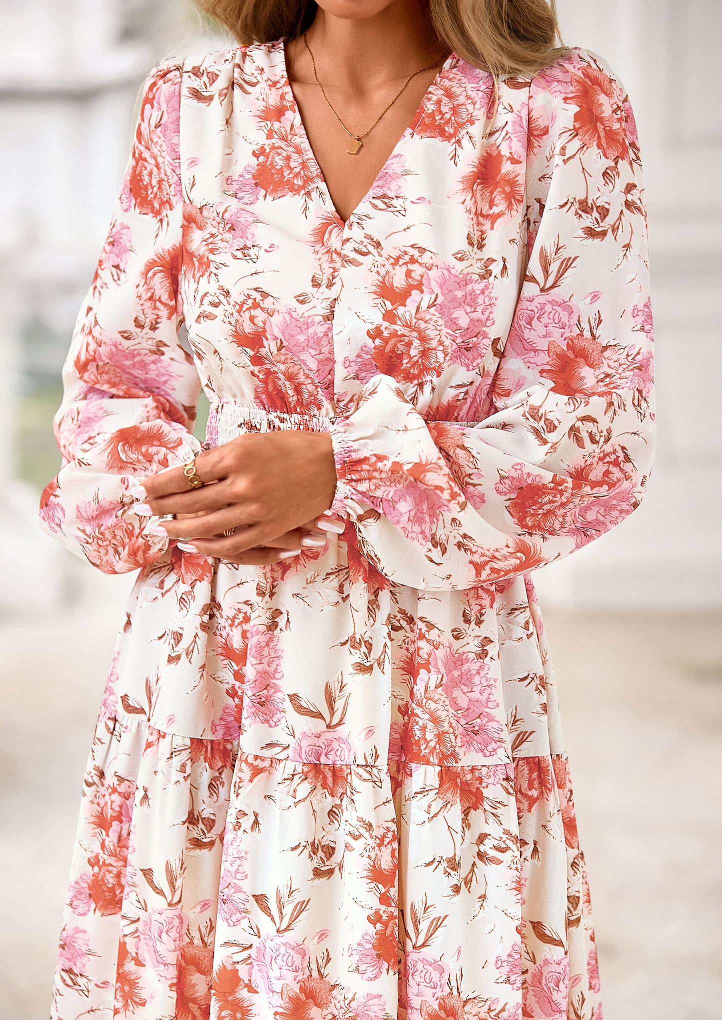 Long Sleeve Maxi Fall Dresses for Women Vneck Smocked Boho Floral Tiered Swing Flowy Wedding Guest Dress