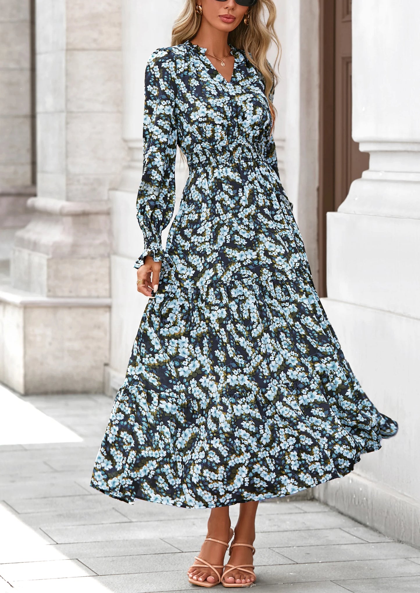 Women's Floral Maxi Dress Spring Long Sleeve V Neck Casual A Line Long Flowy Boho Party Dresses