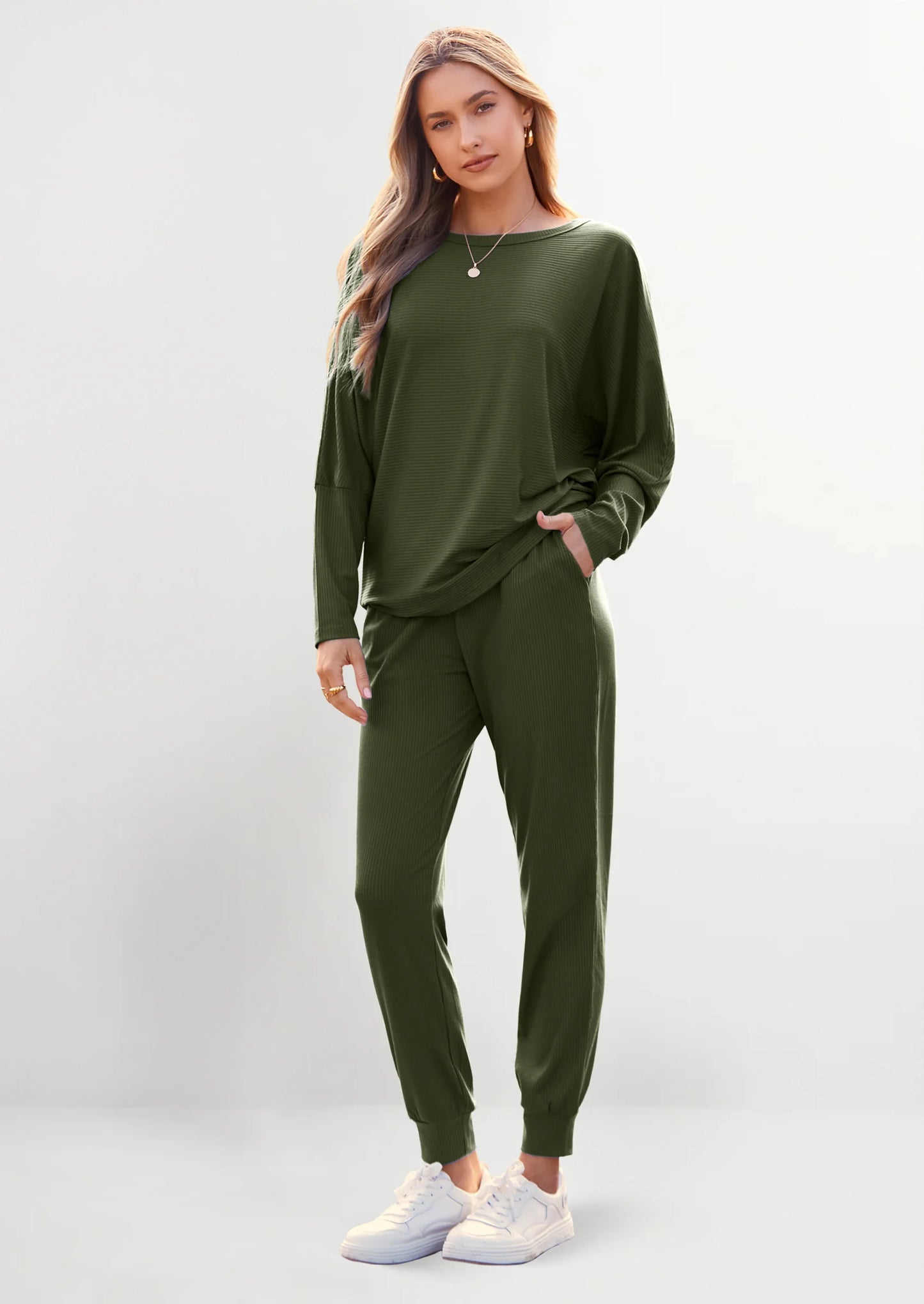 Women's Fall 2 Piece Lounge Set Long Sleeve Tops Ribbed Pants Spring Matching Sweatsuit Travel Outfits Clothes