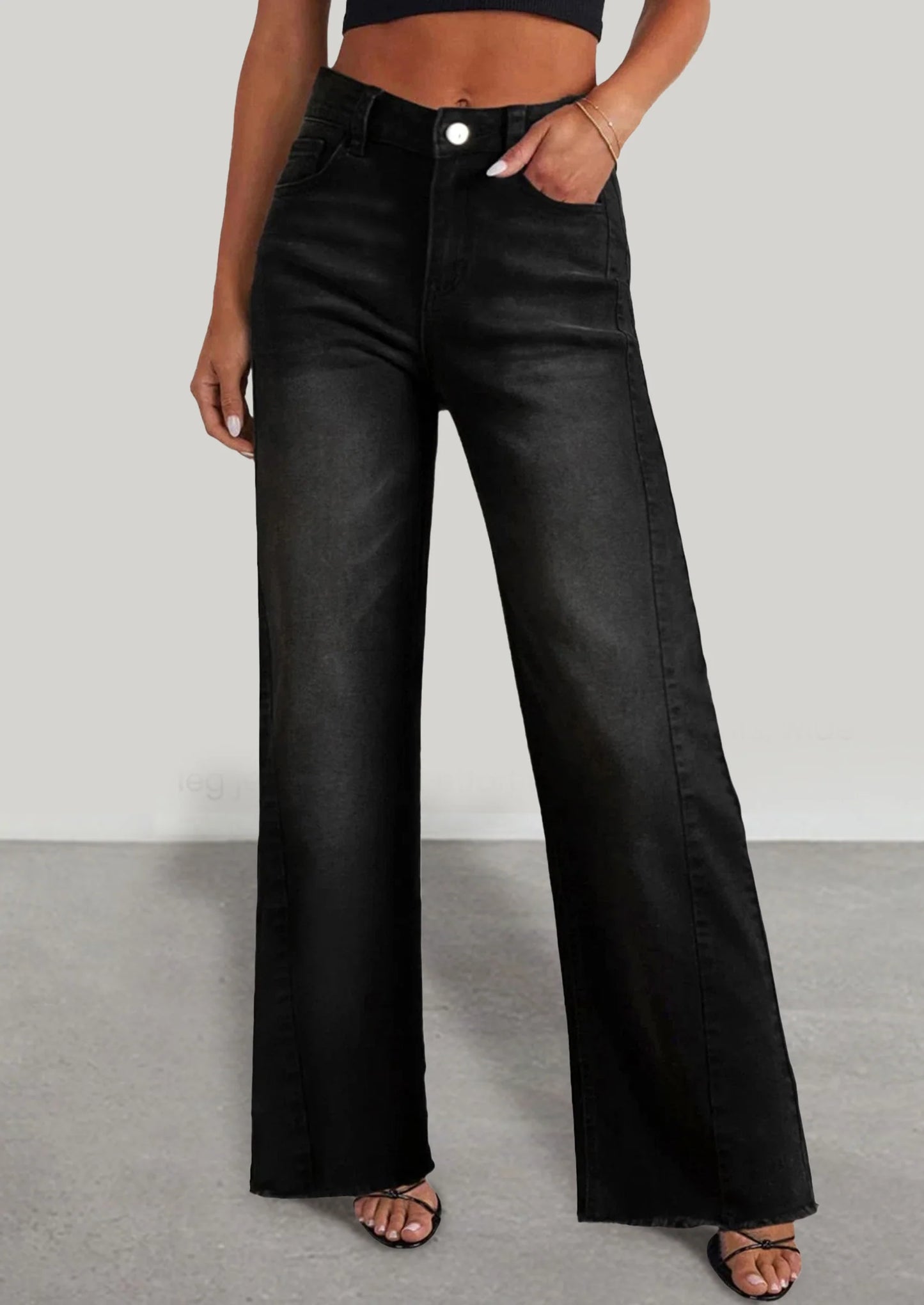 Wide Leg Jeans for Women Trendy High Waisted Stretchy Baggy Raw Hem Denim Palazzo Pants with Pockets