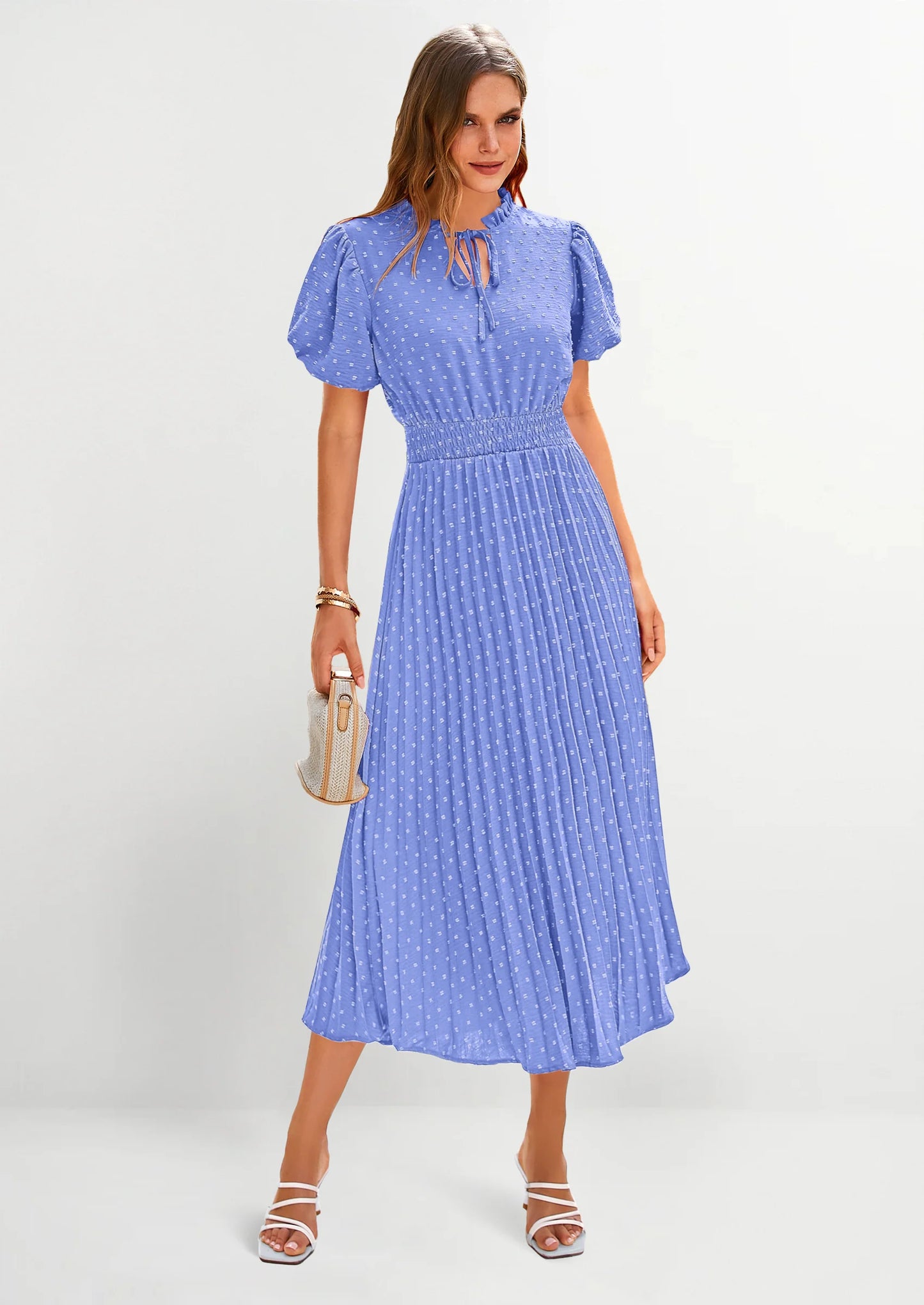 Womens Midi Dresses Puff Short Sleeve V Neck Swiss Dot Pleated A Line Flowy Long Wedding Guest Dress