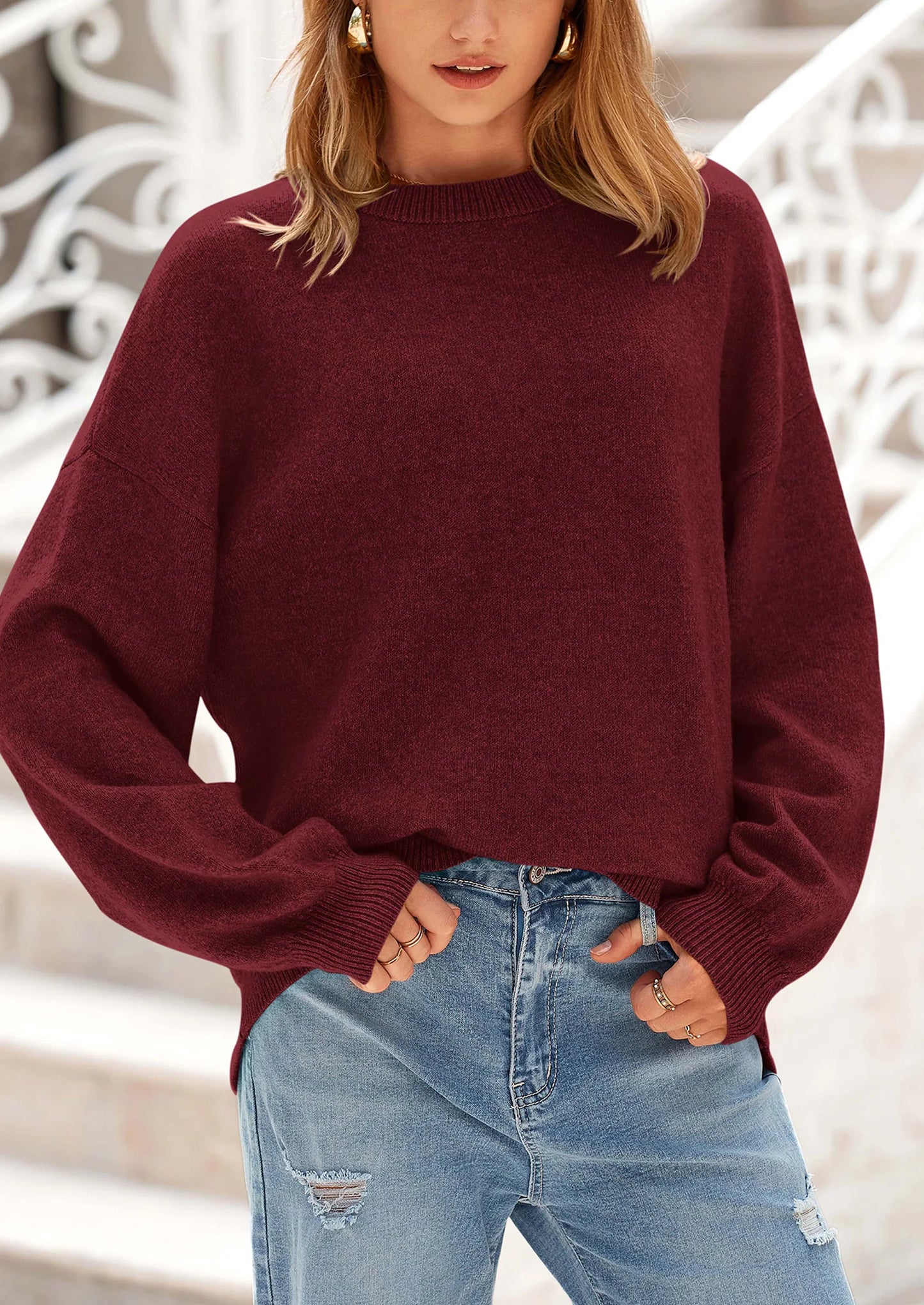 Women's Fall Sweaters Casual Crew Neck Long Sleeve Pullover Tops Ribbed Knit Loose Fit Winter Clothes
