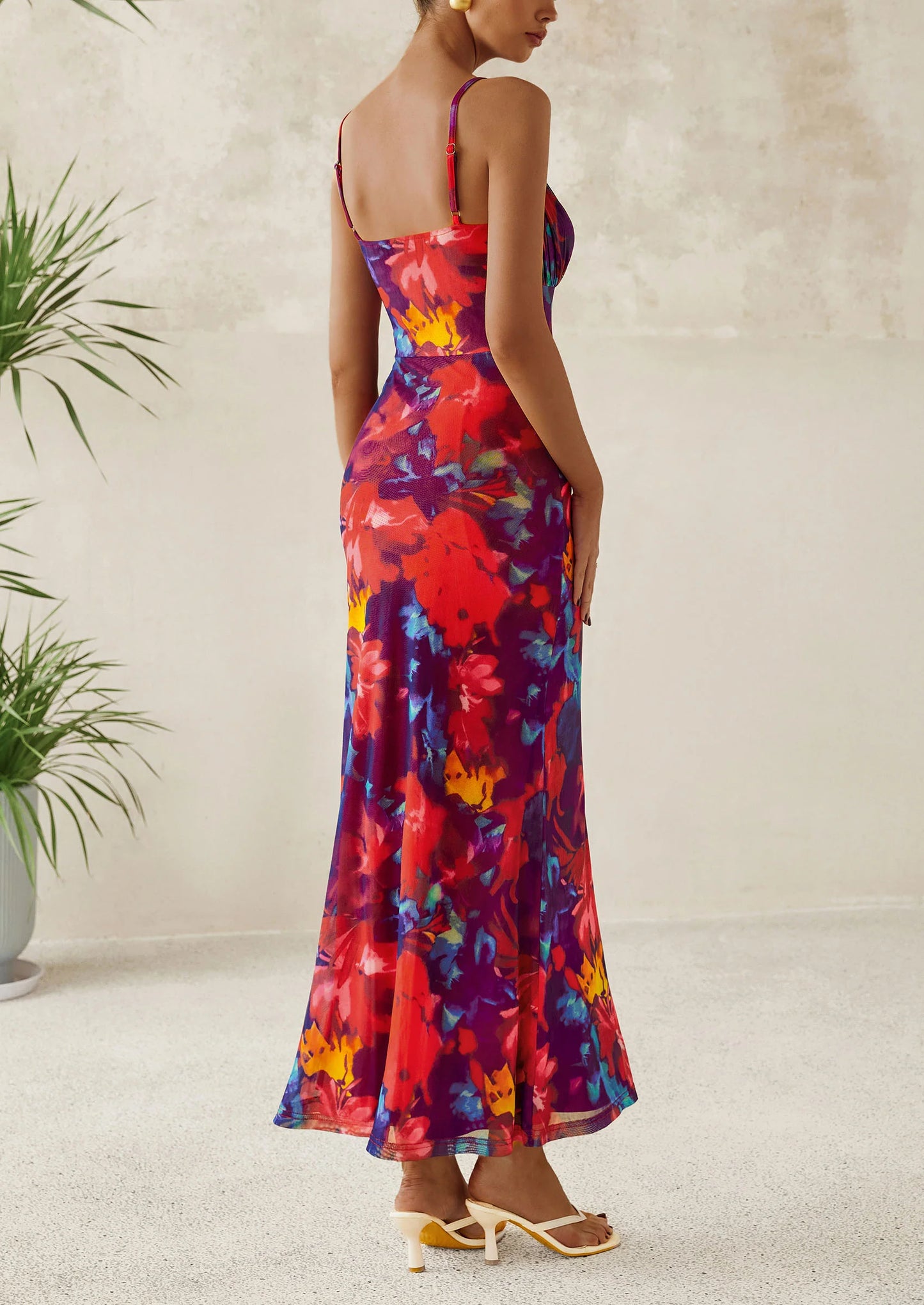 Women's Bodycon Maxi Dress Floral Sundress Sleeveless Spaghetti Strap Cocktail Party Dress