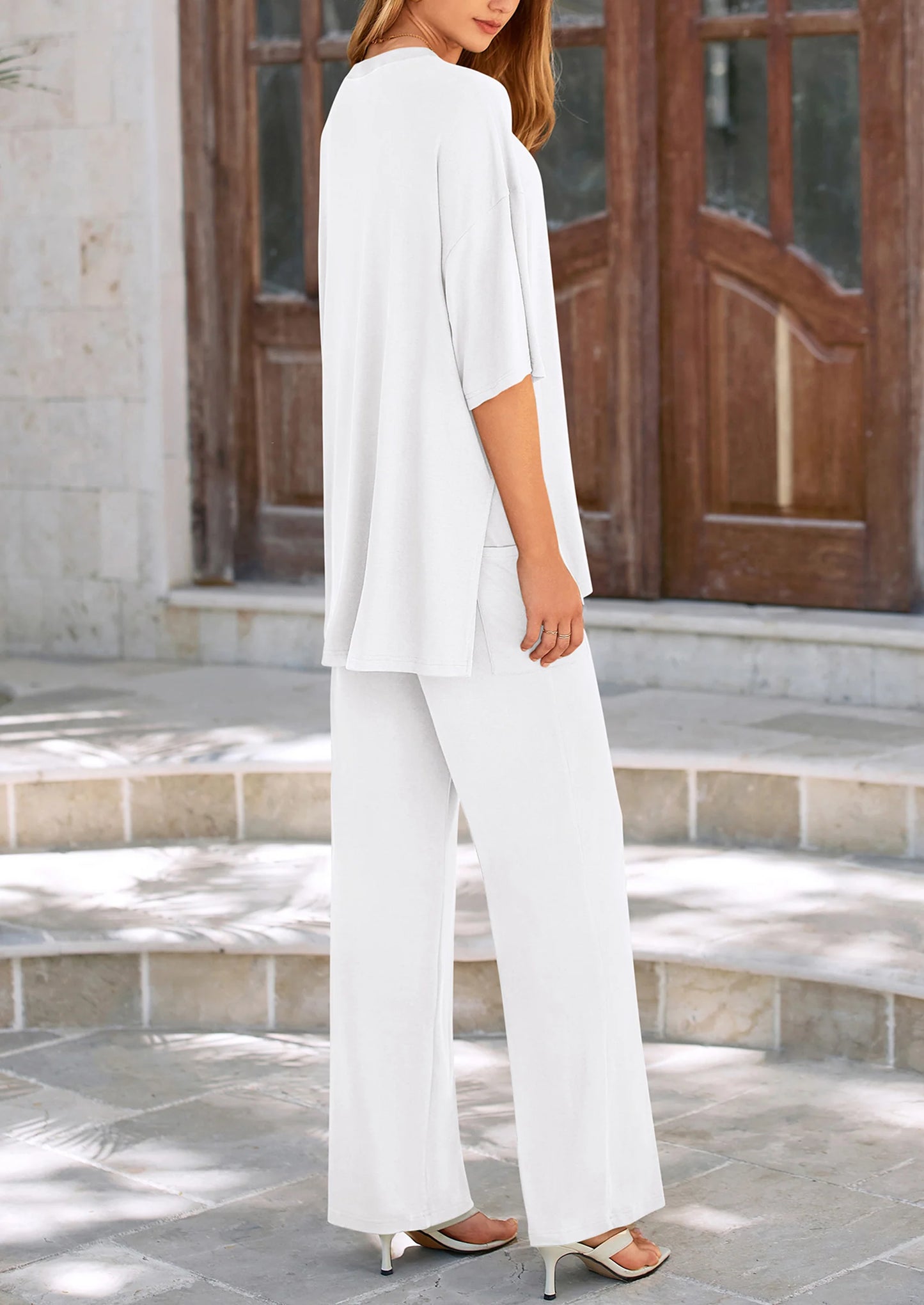 Women's 2 Piece Outfits Casual Short Sleeve Pullover Tops and Wide Leg Pants Lounge Sets Tracksuits