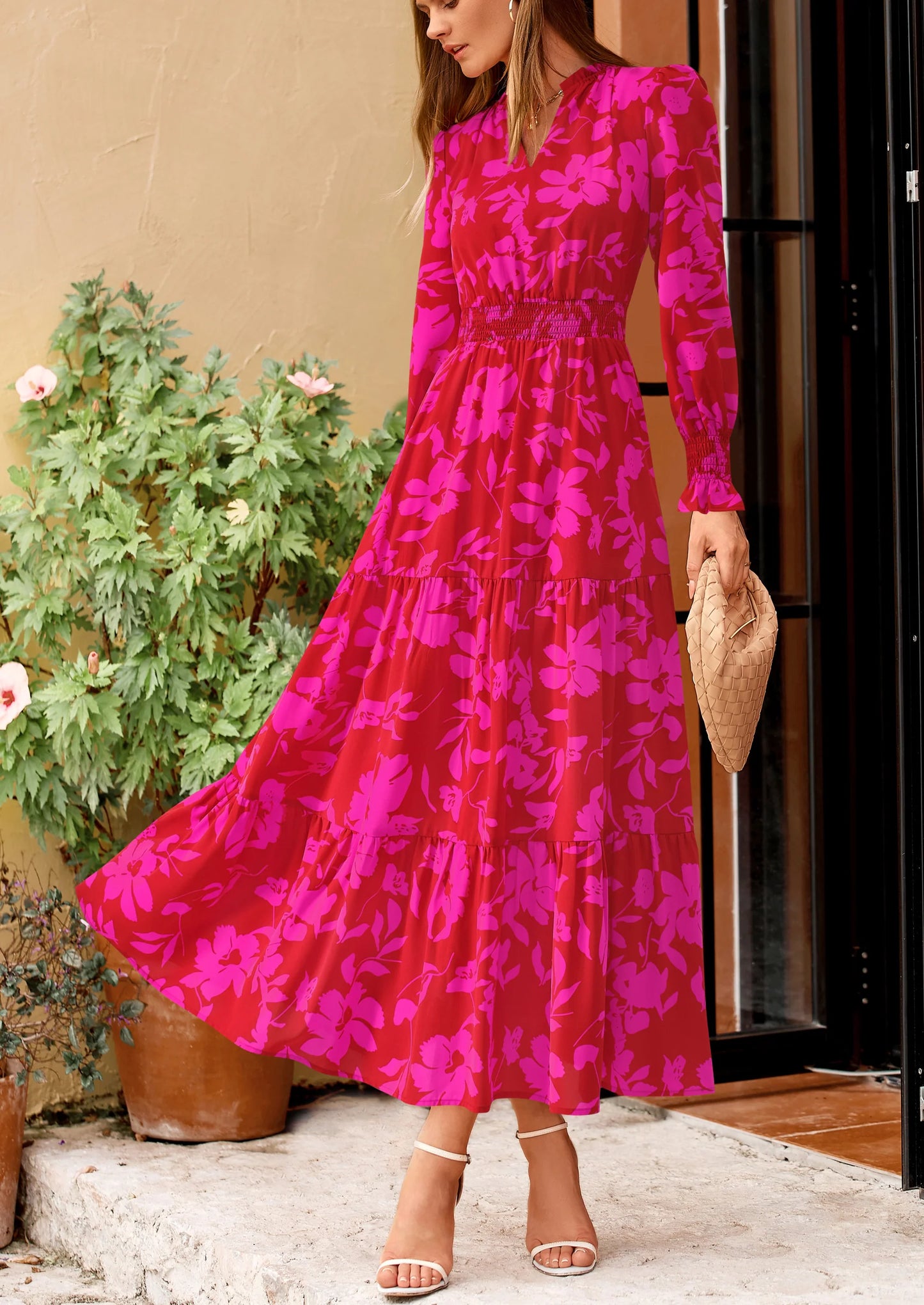 Women's Floral Maxi Dress Spring Long Sleeve V Neck Casual A Line Long Flowy Boho Party Dresses
