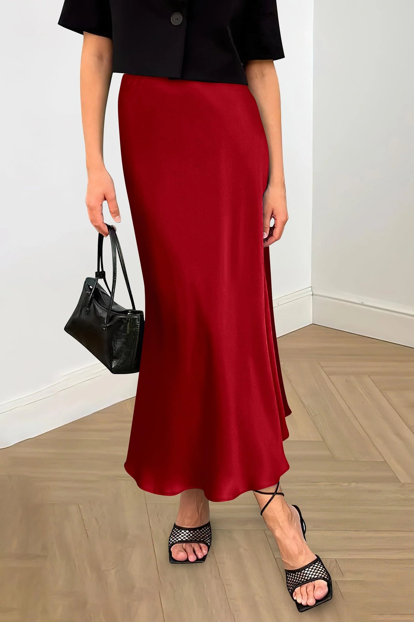 Women's Satin Skirts Dressy Casual Fall High Waisted Cocktail Wedding Flowy Elegant A Line Midi Skirt