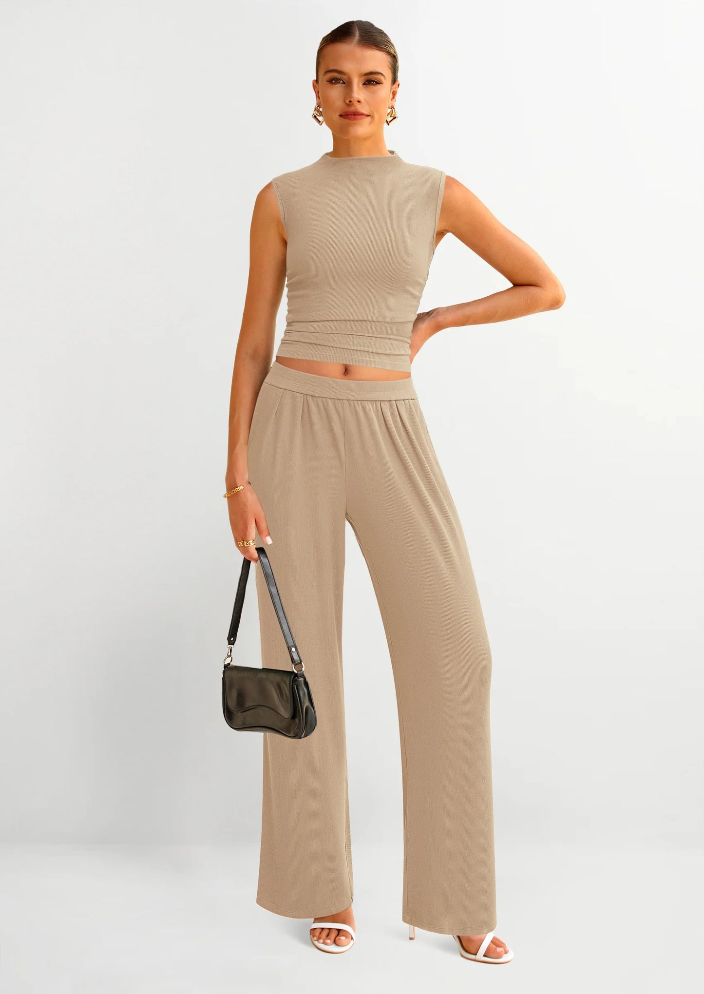 2 Piece Sets for Women Summer Airport Travel Outfits Crop Tank Tops Wide Leg Pants Matching Lounge Sets
