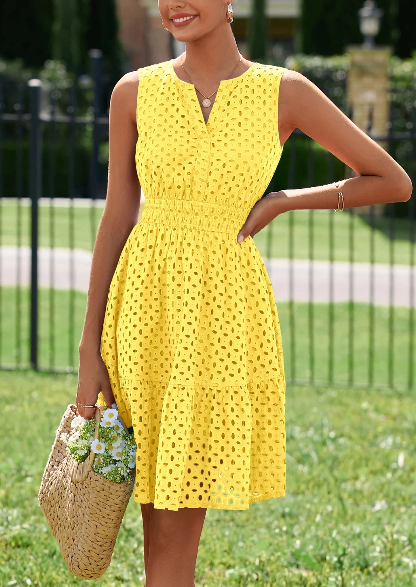 Women's Summer Dresses Sleeveless V Neck Eyelet Hollow Out Swing A Line Beach Vacation Sun Dress