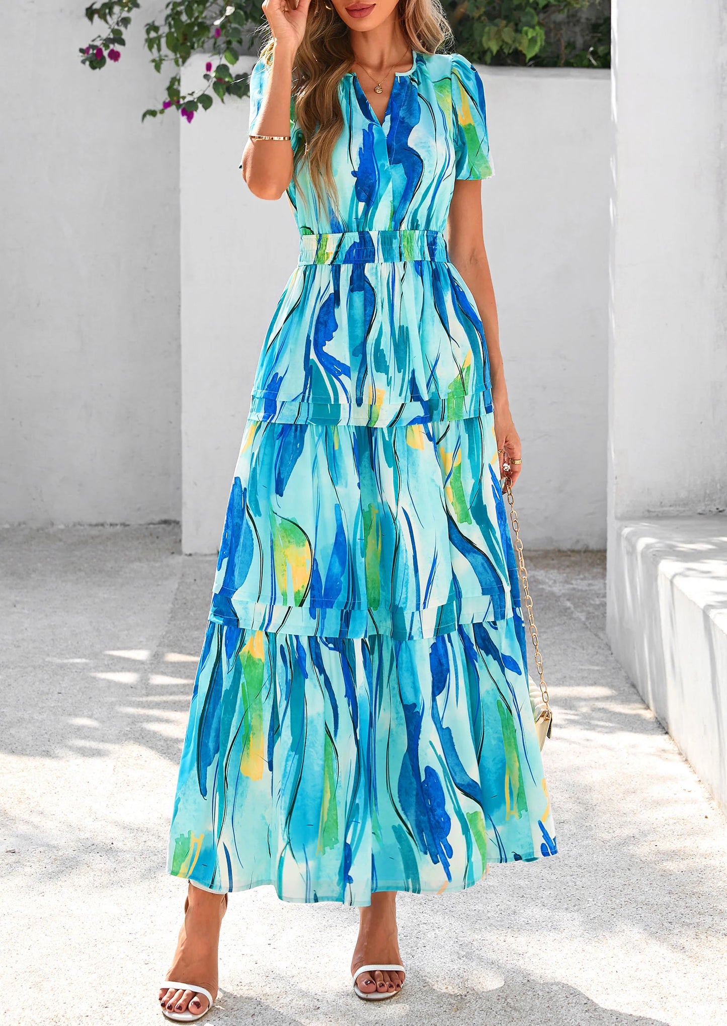 Women's Boho Maxi Dresses Floral Short Sleeve V Neck A Line Tiered Flowy Long Beach Vacation Dress