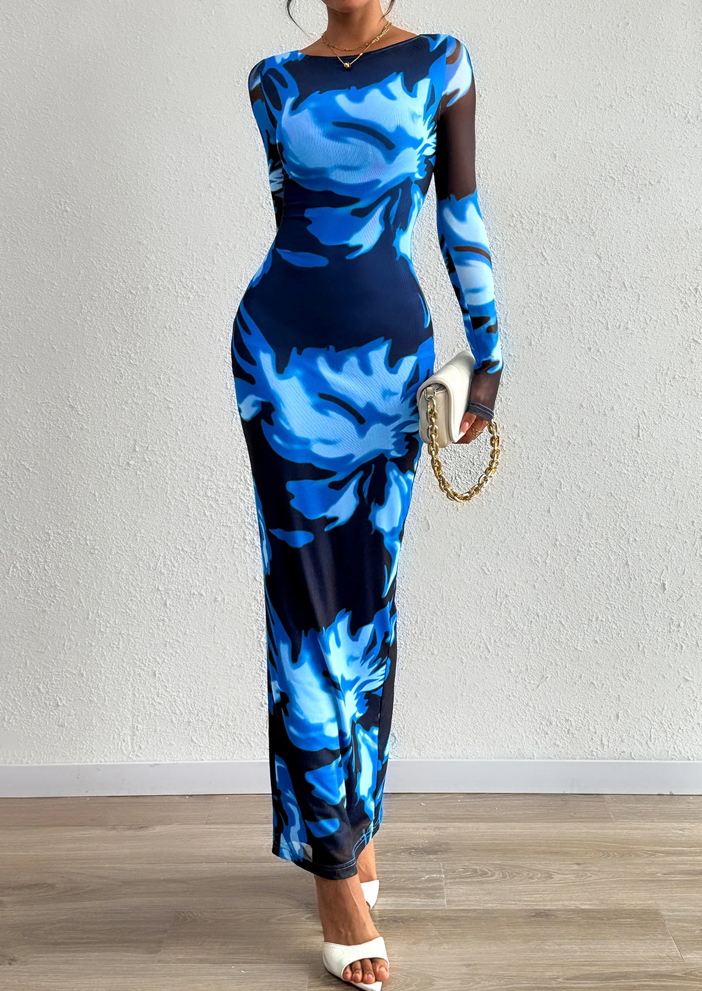 Bodycon Maxi Dress Fall Floral Long Sleeve Sexy Mesh Cocktail Wedding Guest Long Dresses