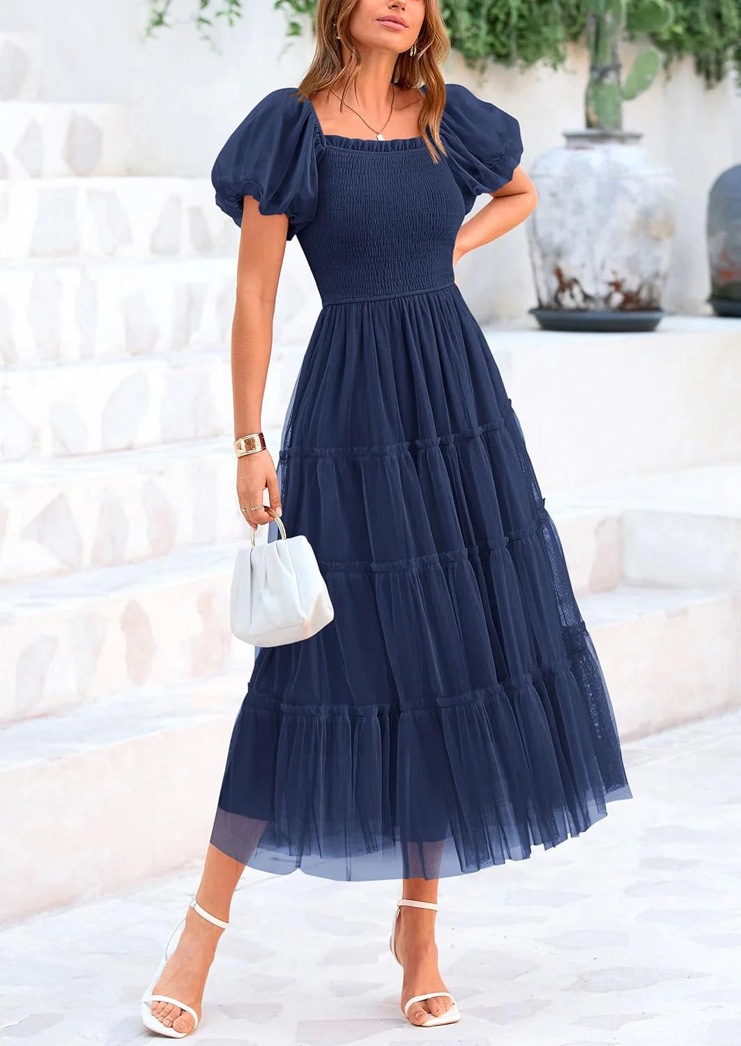 Women's Smocked Tulle Midi Dress Square Neck Puffy Short Sleeve Ruffle Wedding Guest Party Dresses