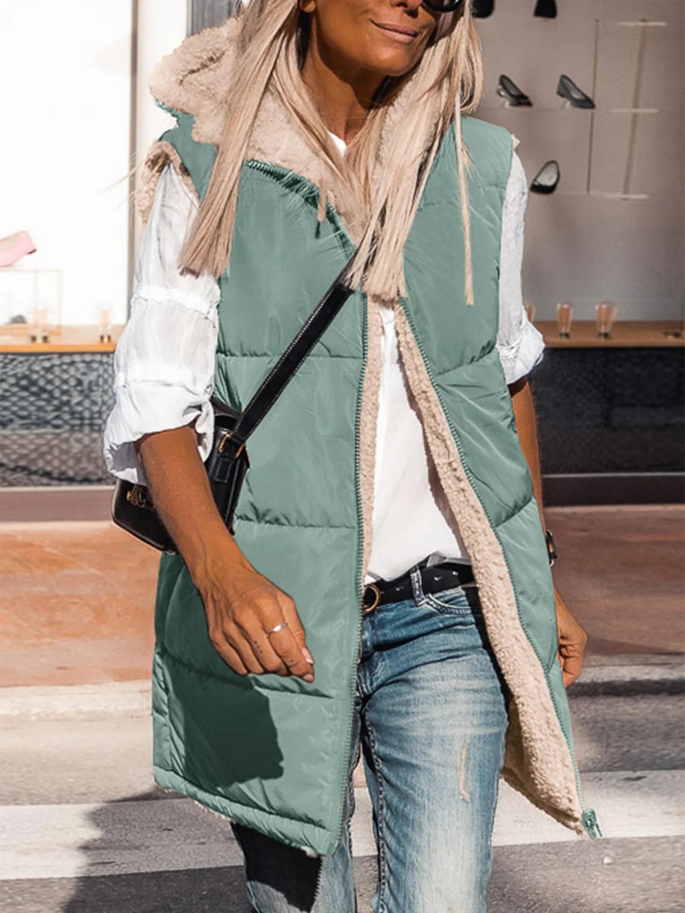 Womens Fall Reversible Vests Sleeveless Fleece Jacket Zip Up Hoodie Pockets Long Warm Winter Coat Outerwear