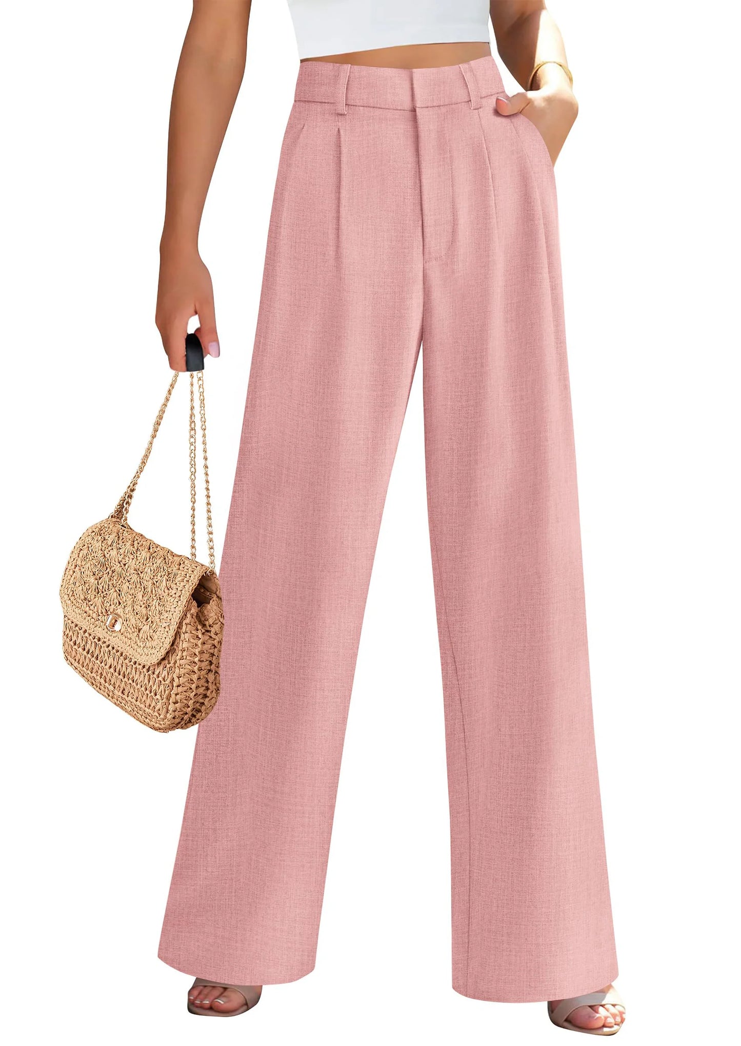 Women's Summer Elastic High Waisted Work Pants Straight Leg Dressy Business Casual Trousers Slacks Pockets