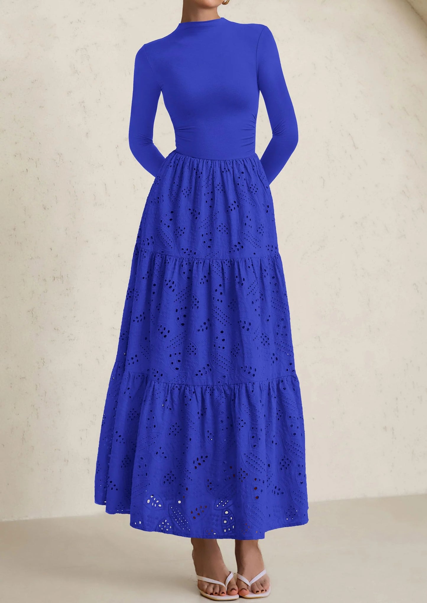 Long Sleeve Dress for Women Fall Eyelet Mock Neck A Line Elegant Classy Maxi Wedding Guest Dresses Pockets