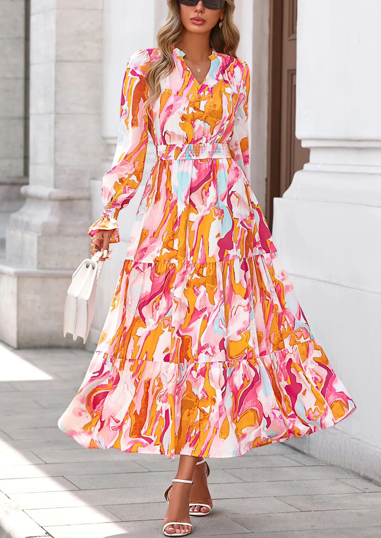 Women's Floral Maxi Dress Spring Long Sleeve V Neck Casual A Line Long Flowy Boho Party Dresses