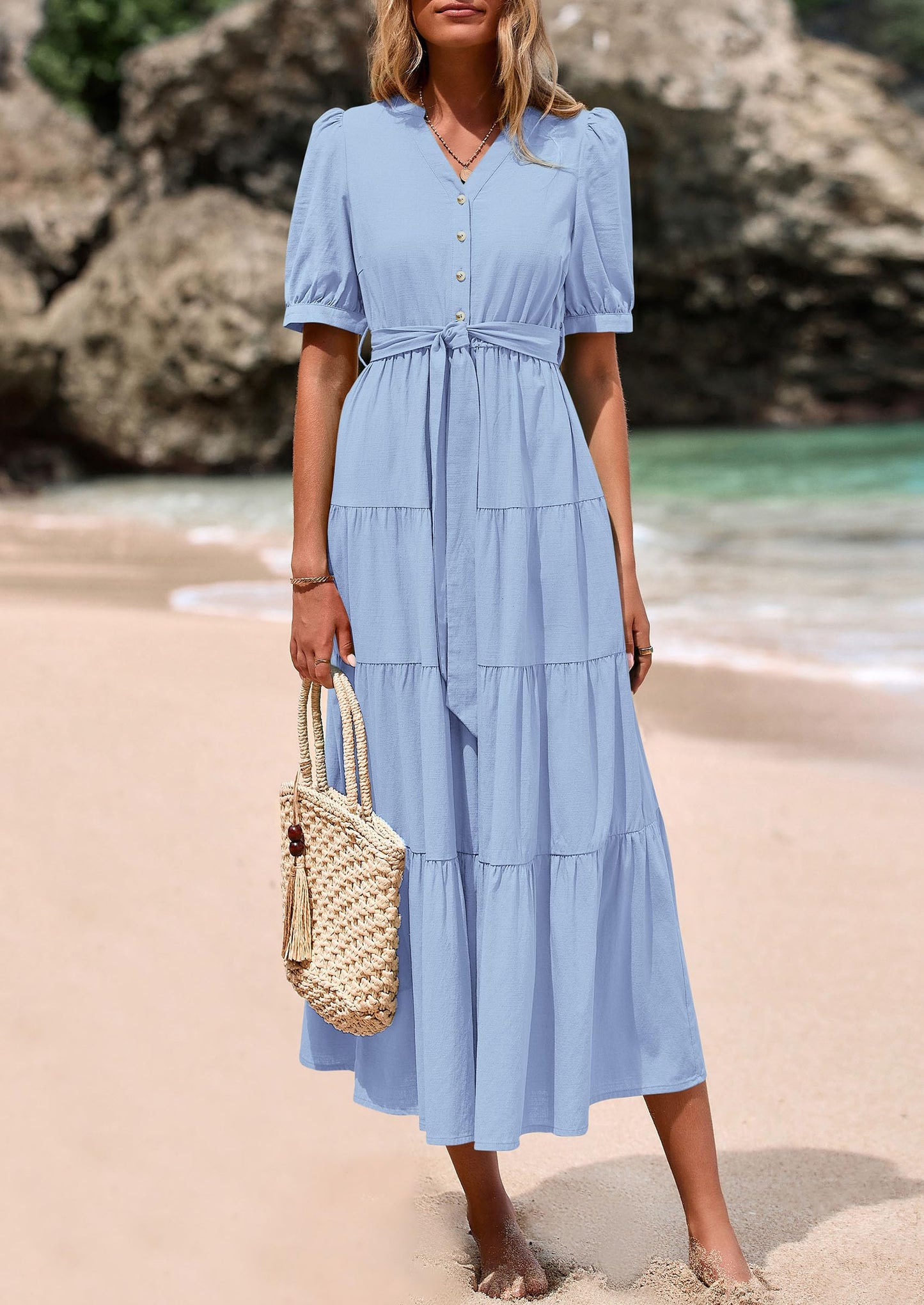 Women's Midi Dress Casual Short Sleeve V Neck Buttons Belted Ruffle A Line Flowy Dress with Pockets