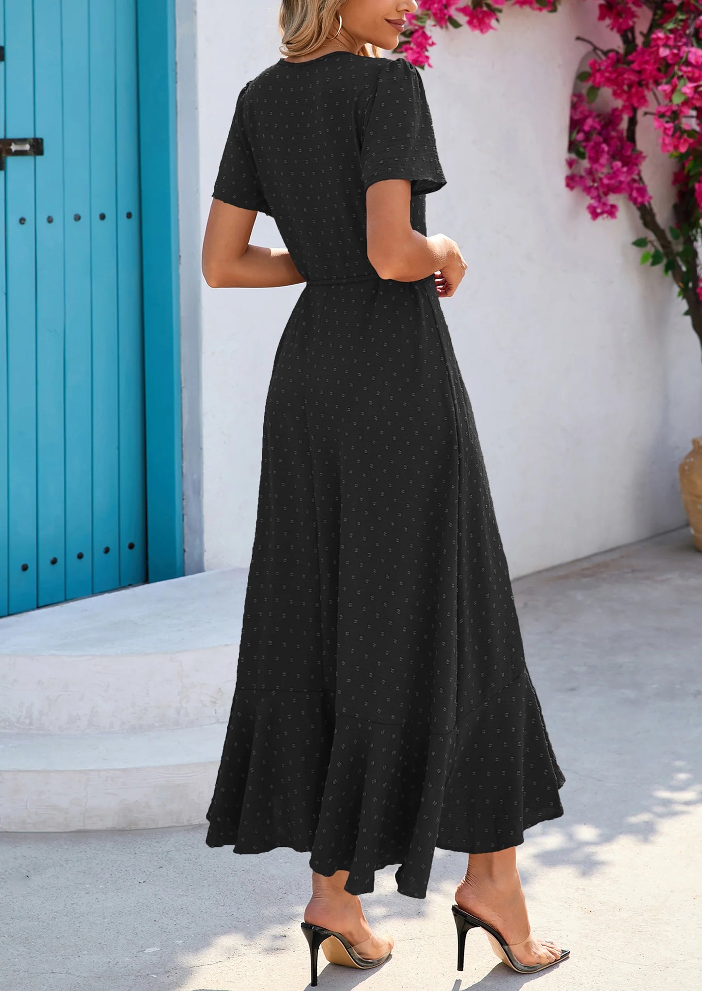 Women's Summer Maxi Dress Casual Wrap Floral Boho Short Sleeve V Neck Split Ruffle Beach Long Dresses