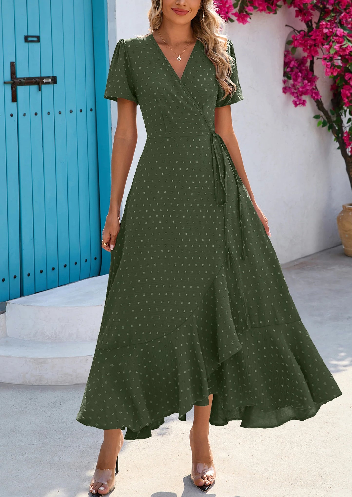 Women's Summer Maxi Dress Casual Wrap Floral Boho Short Sleeve V Neck Split Ruffle Beach Long Dresses
