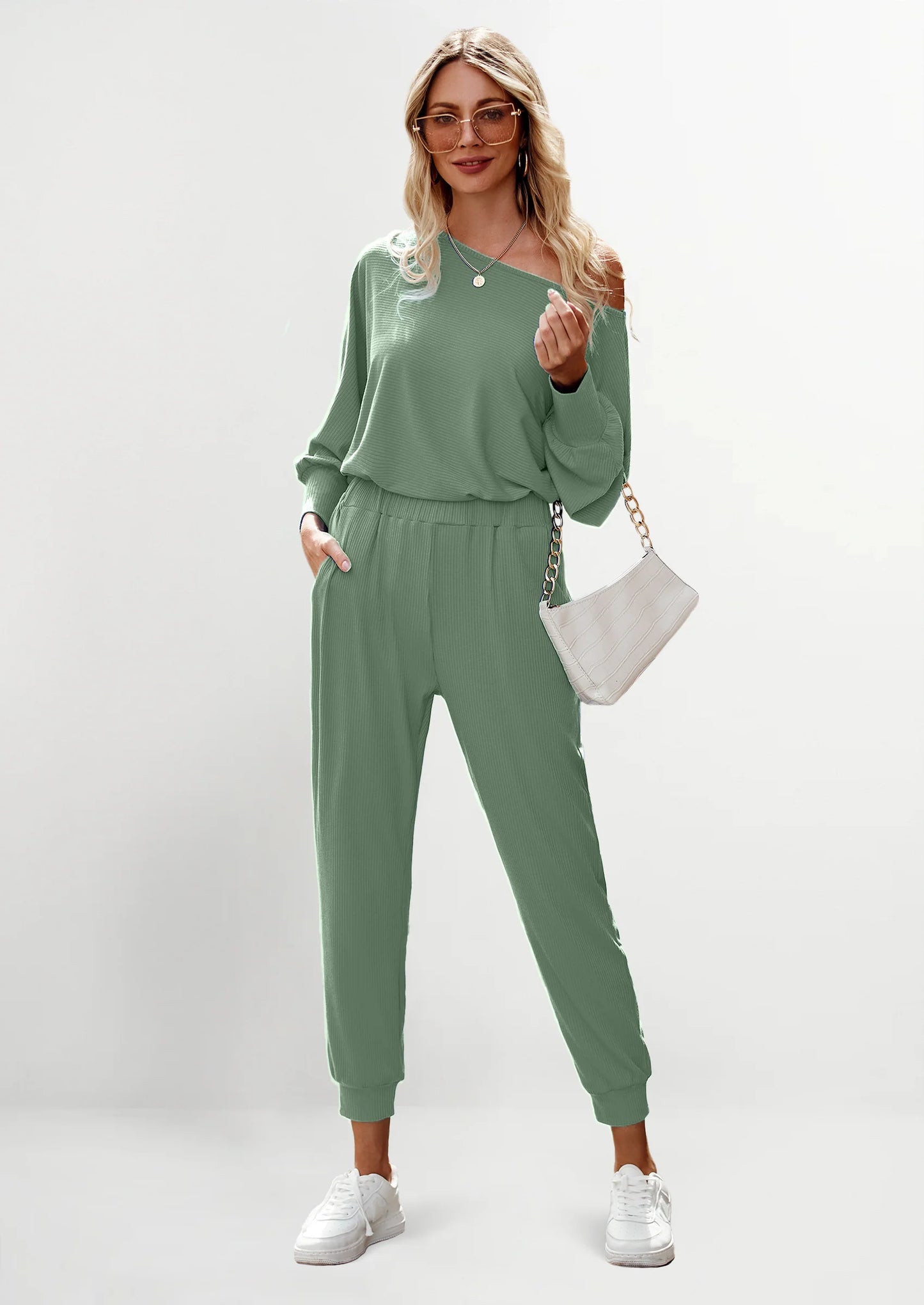 Women's 2 Piece Ribbed Tracksuit Outfits Off Shoulder Long Sleeve Pullover Lounge Pants with Pockets