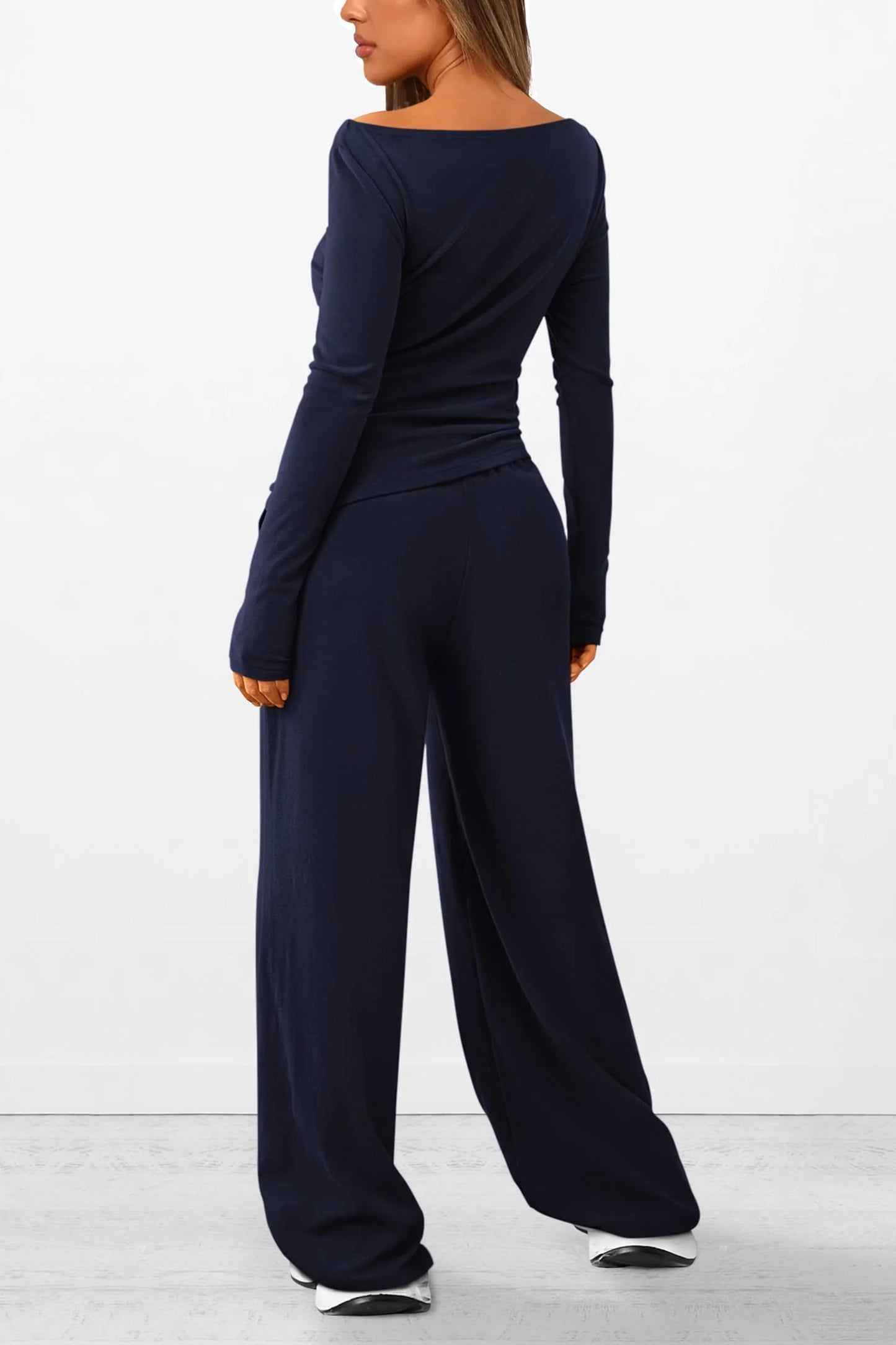 Women's 2 Piece Lounge Sets Asymmetrical Long Sleeve T Shirt Wide Leg Pants Casual Outfits Tracksuit