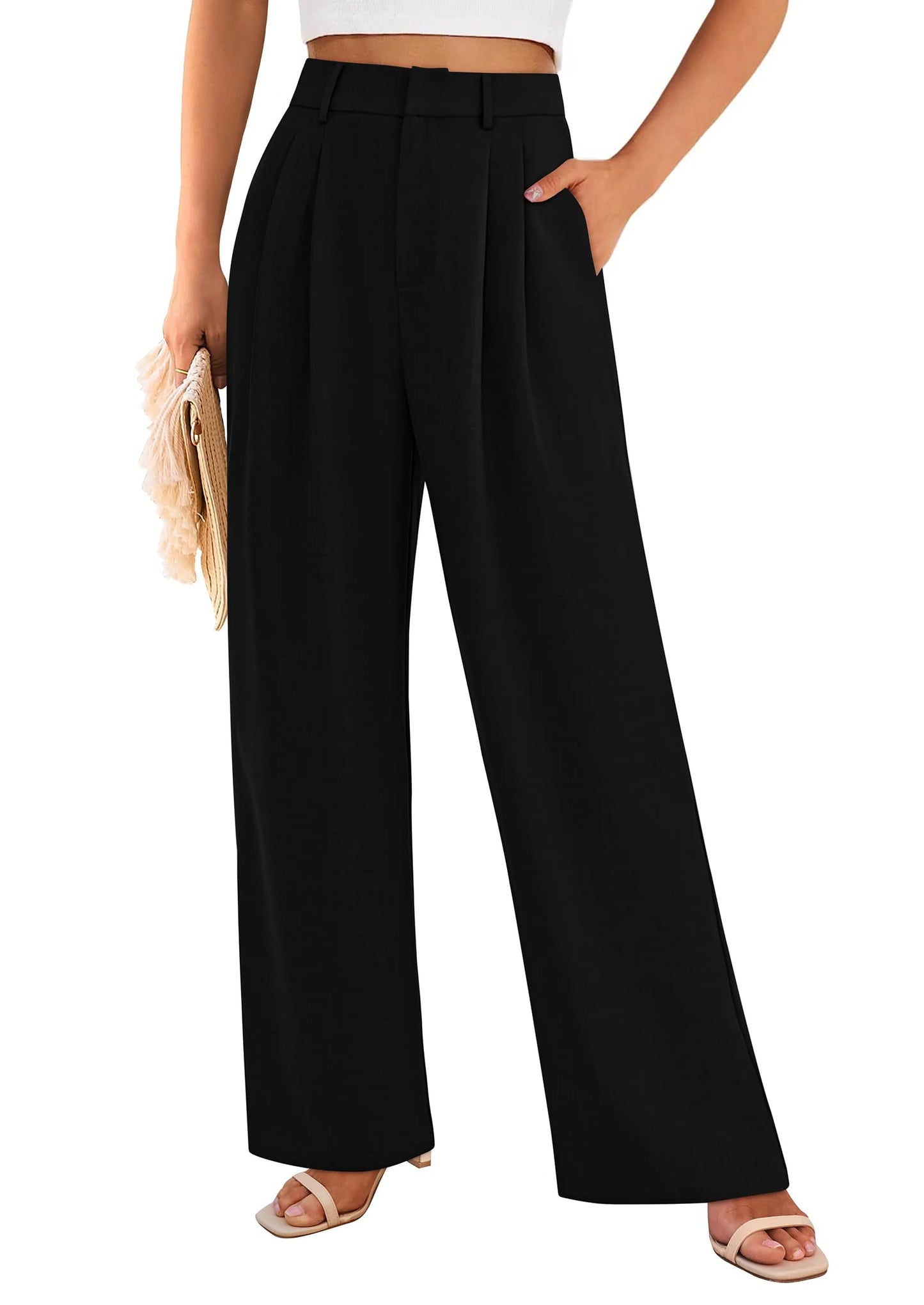 Women's Summer Elastic High Waisted Work Pants Straight Leg Dressy Business Casual Trousers Slacks Pockets