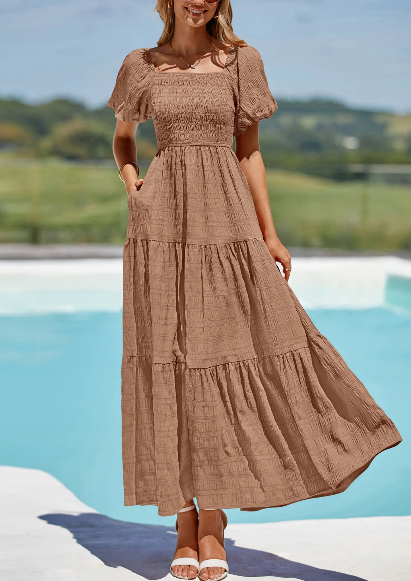 Womens Summer Puff Short Sleeve Maxi Dress Square Neck Smocked Tiered Ruffle A Line Long Flowy Beach Dresses